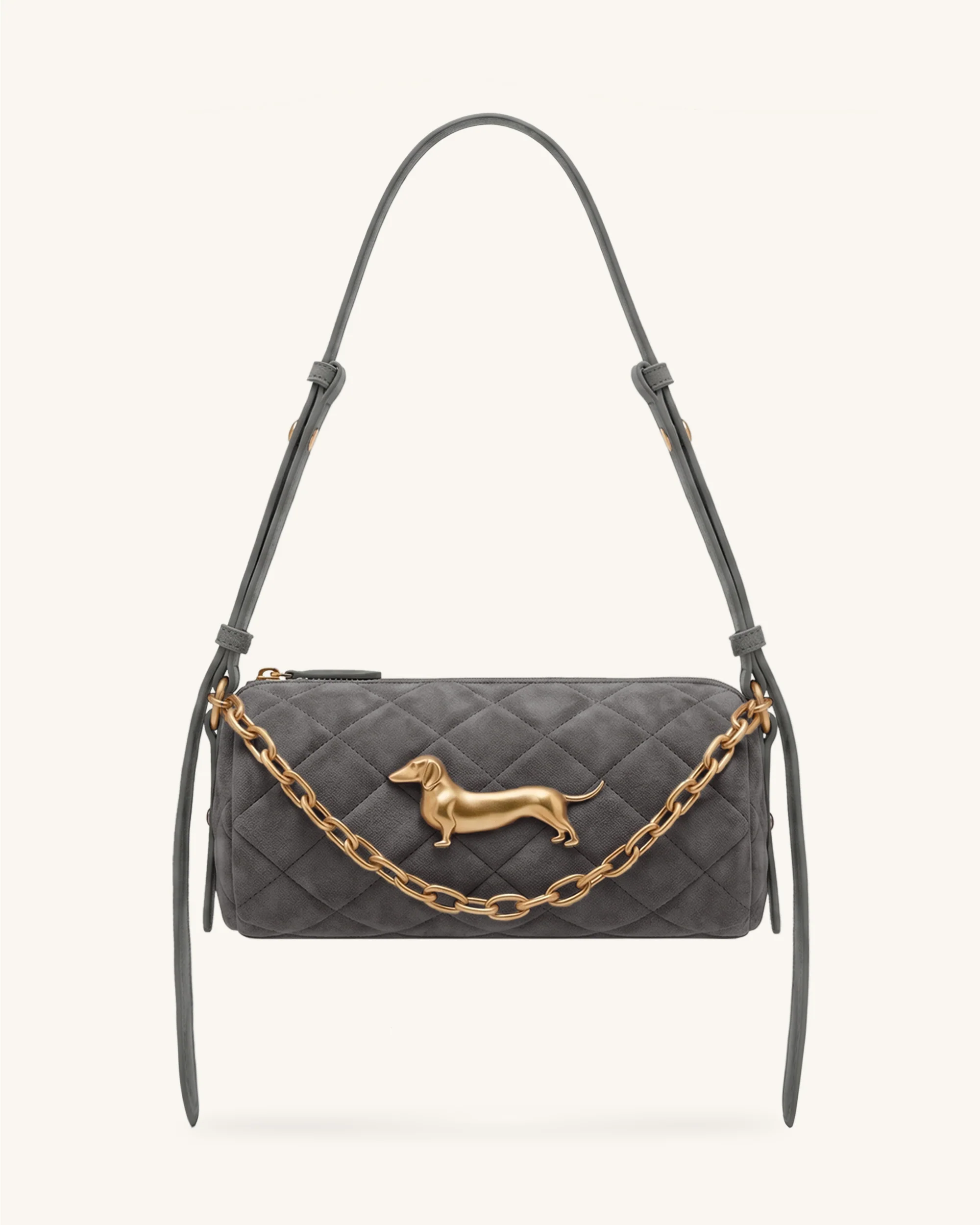 Lucienne Faux Suede Dachshund Quilted Chain Shoulder Bag - Grey