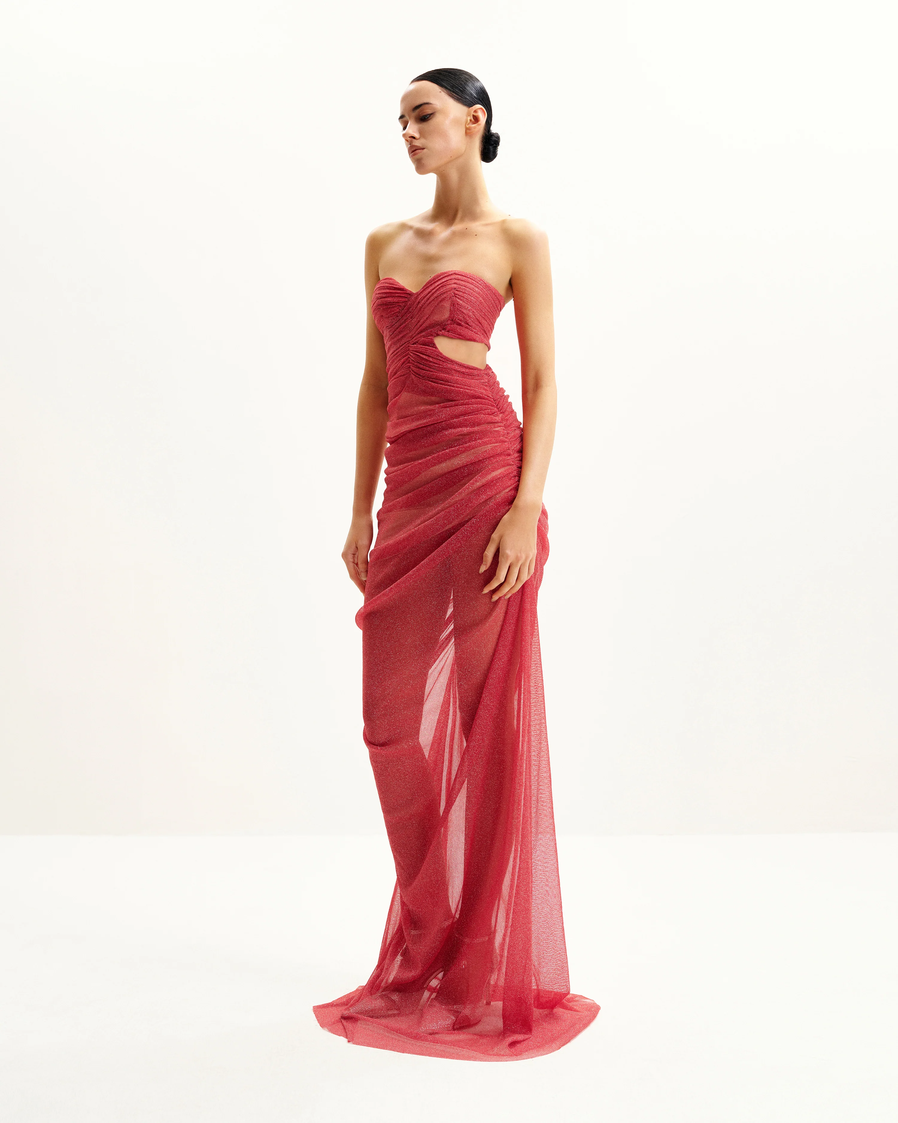 Mia Strapless Sheer Glitter Gown - Scarlet - Image 4