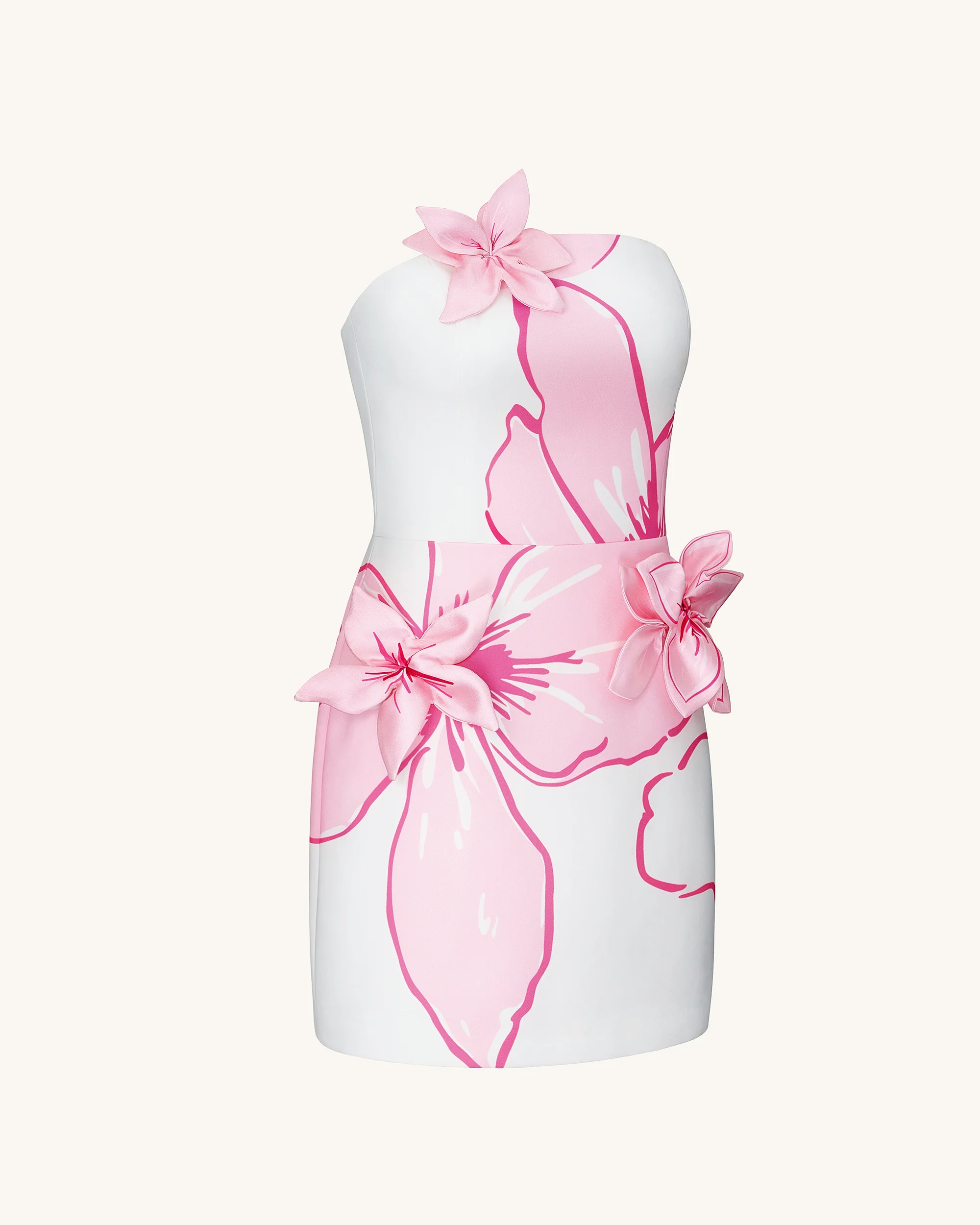 Mini Dress with Pink Floral Appliqués - White/Pink - Image 3