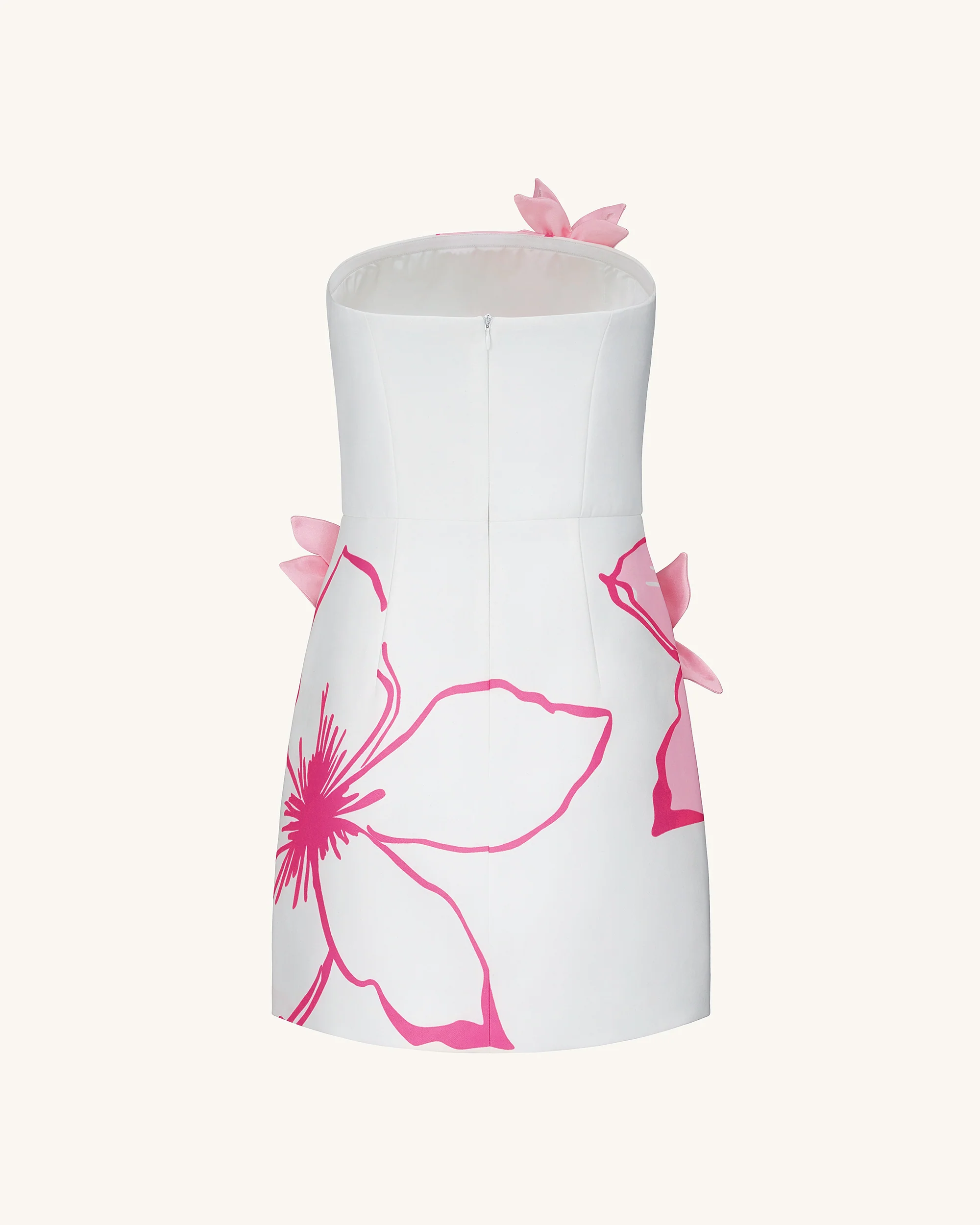 Mini Dress with Pink Floral Appliqués - White/Pink - Image 4
