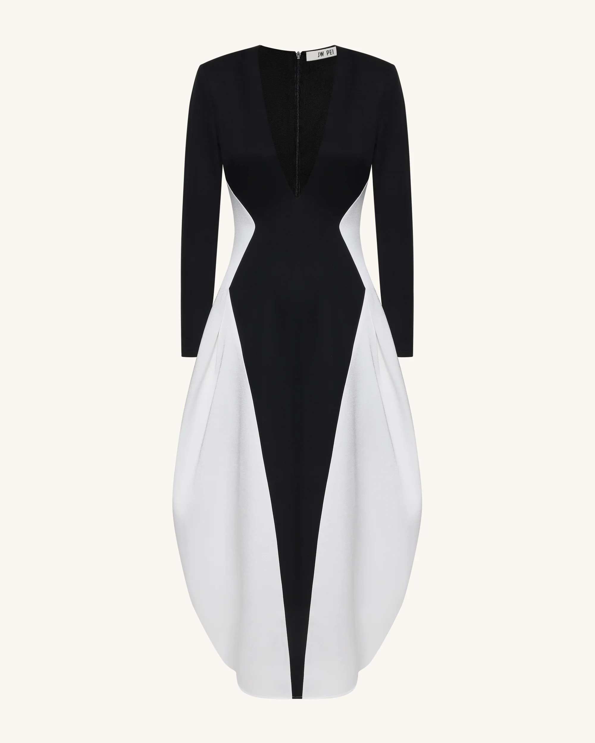 Monochrome Paneled Plunging V-Neck Long-Sleeve Maxi Dress - Black - Image 2