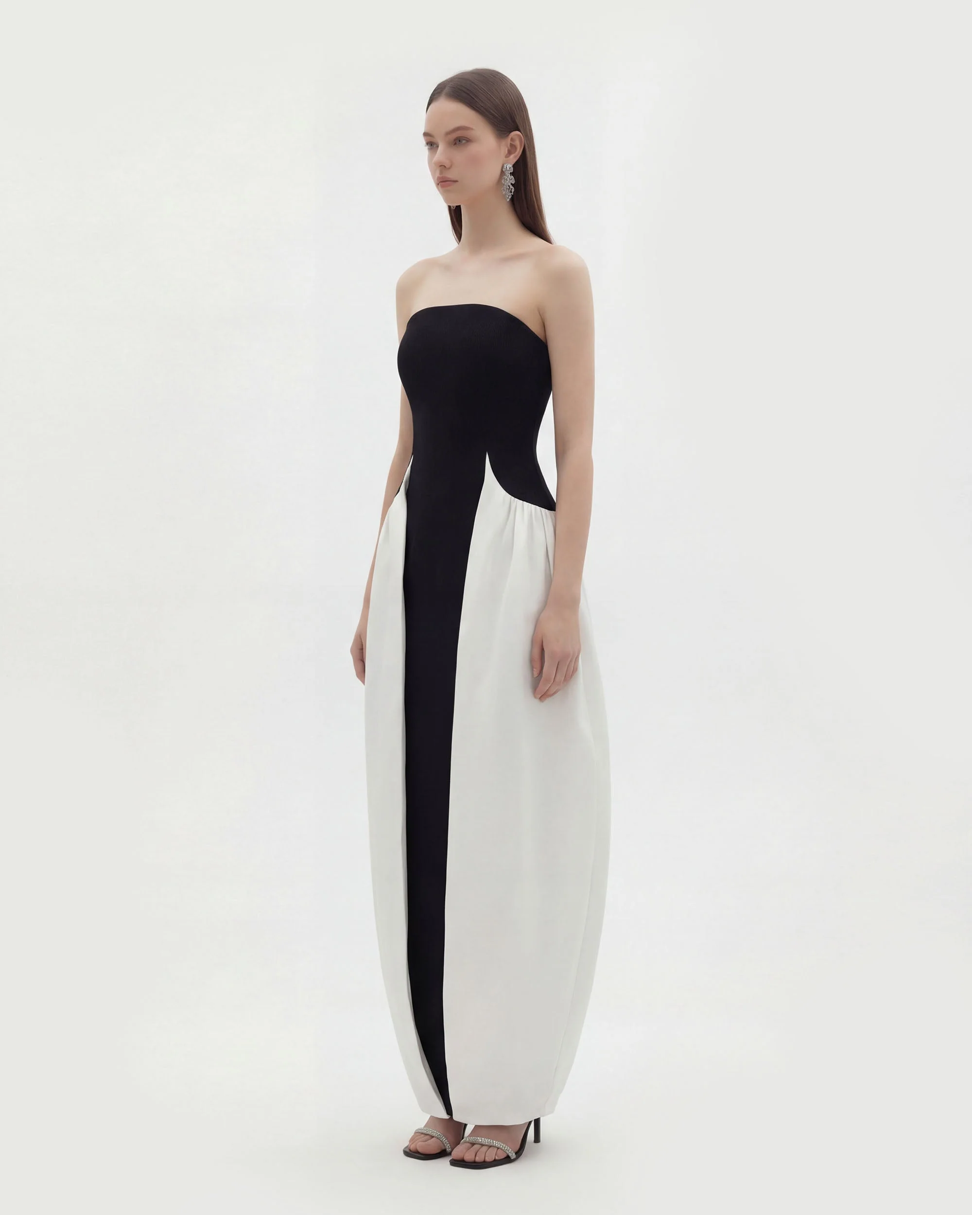 Monochrome Paneled Strapless Sculptural Maxi Dress - Black - Image 2