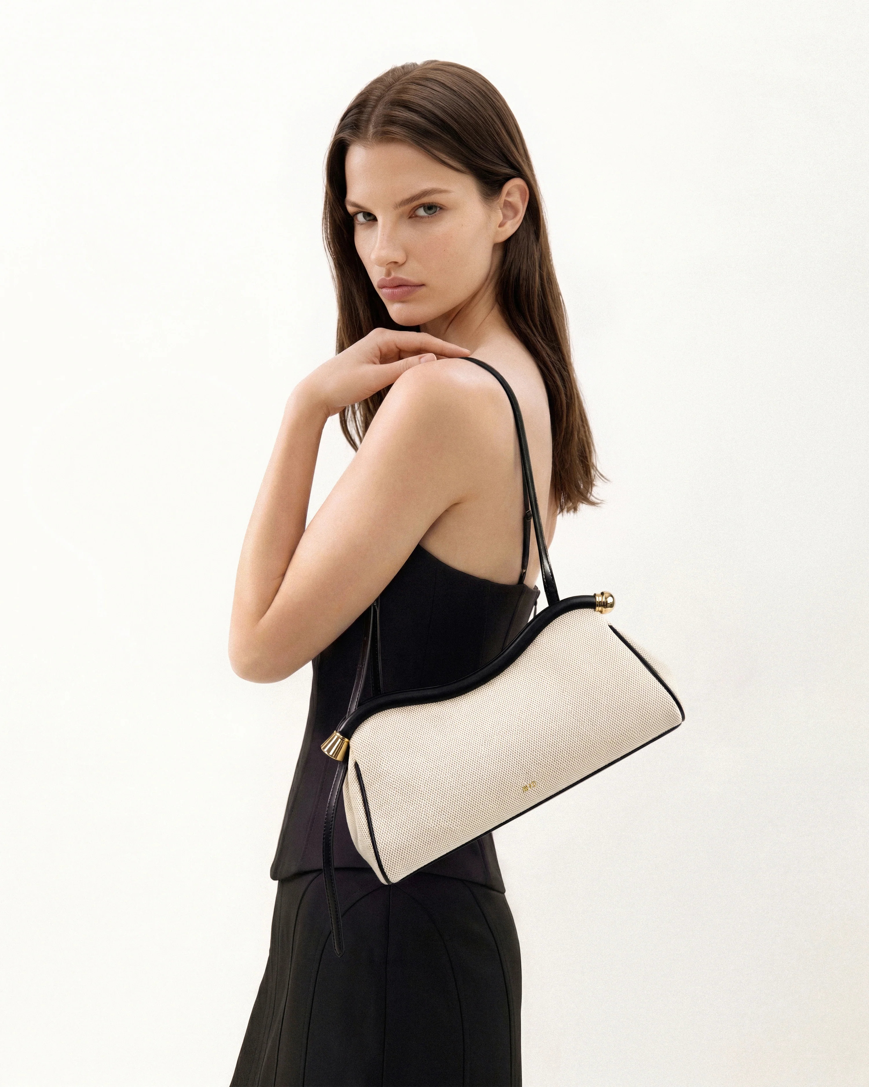 Naomi Curved Shoulder Bag - Black Canvas - Image 2