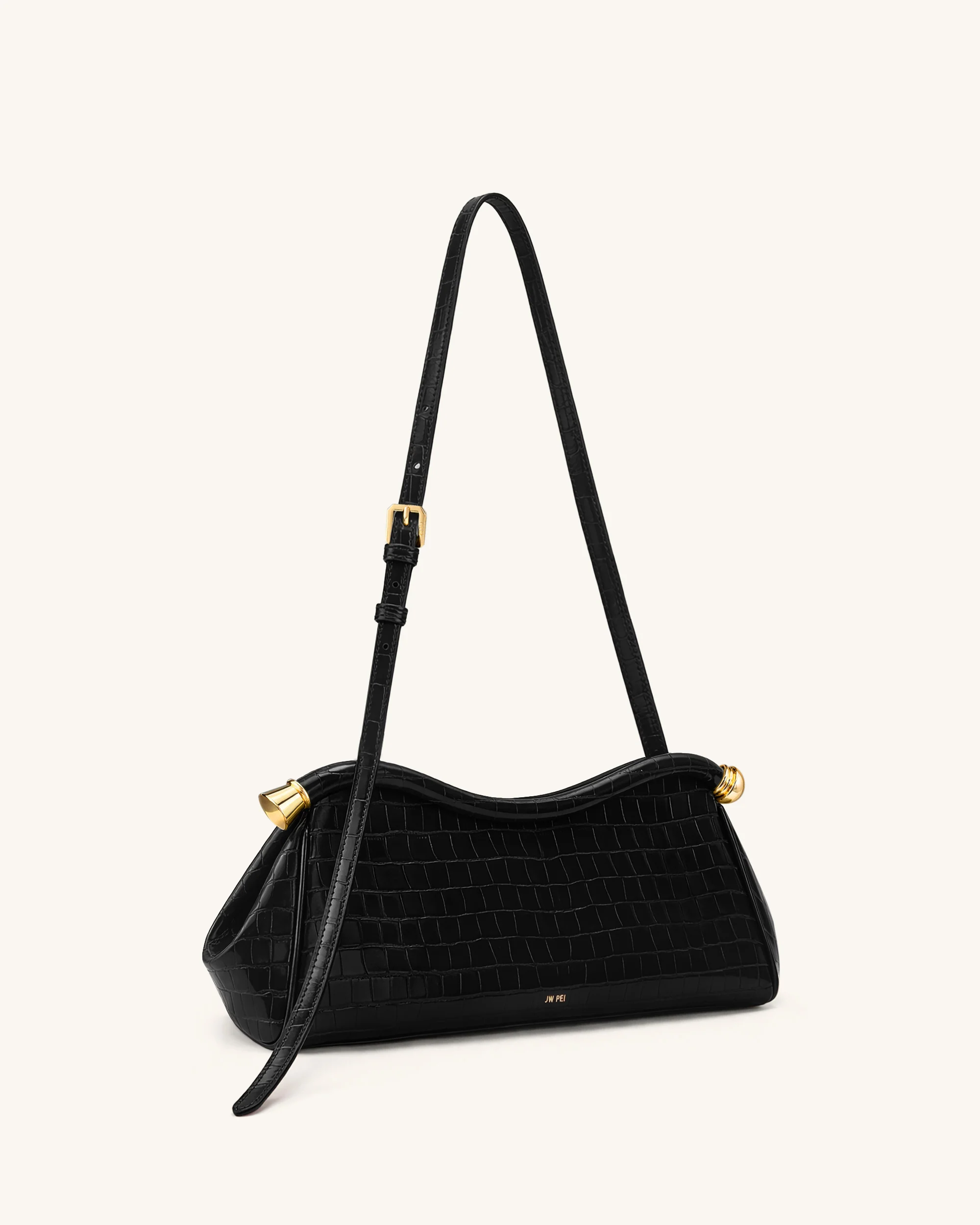 Naomi Curved Shoulder Bag - Black Croc - Image 2