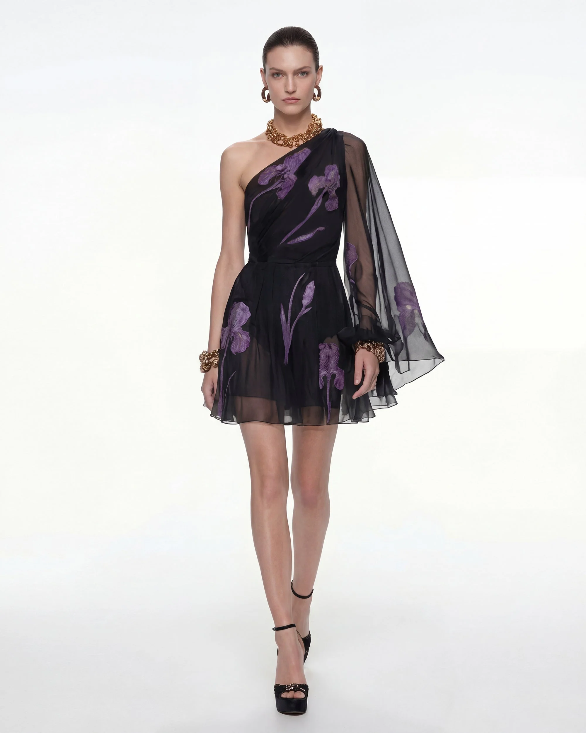 One Shoulder Floral Mesh Dress - Black