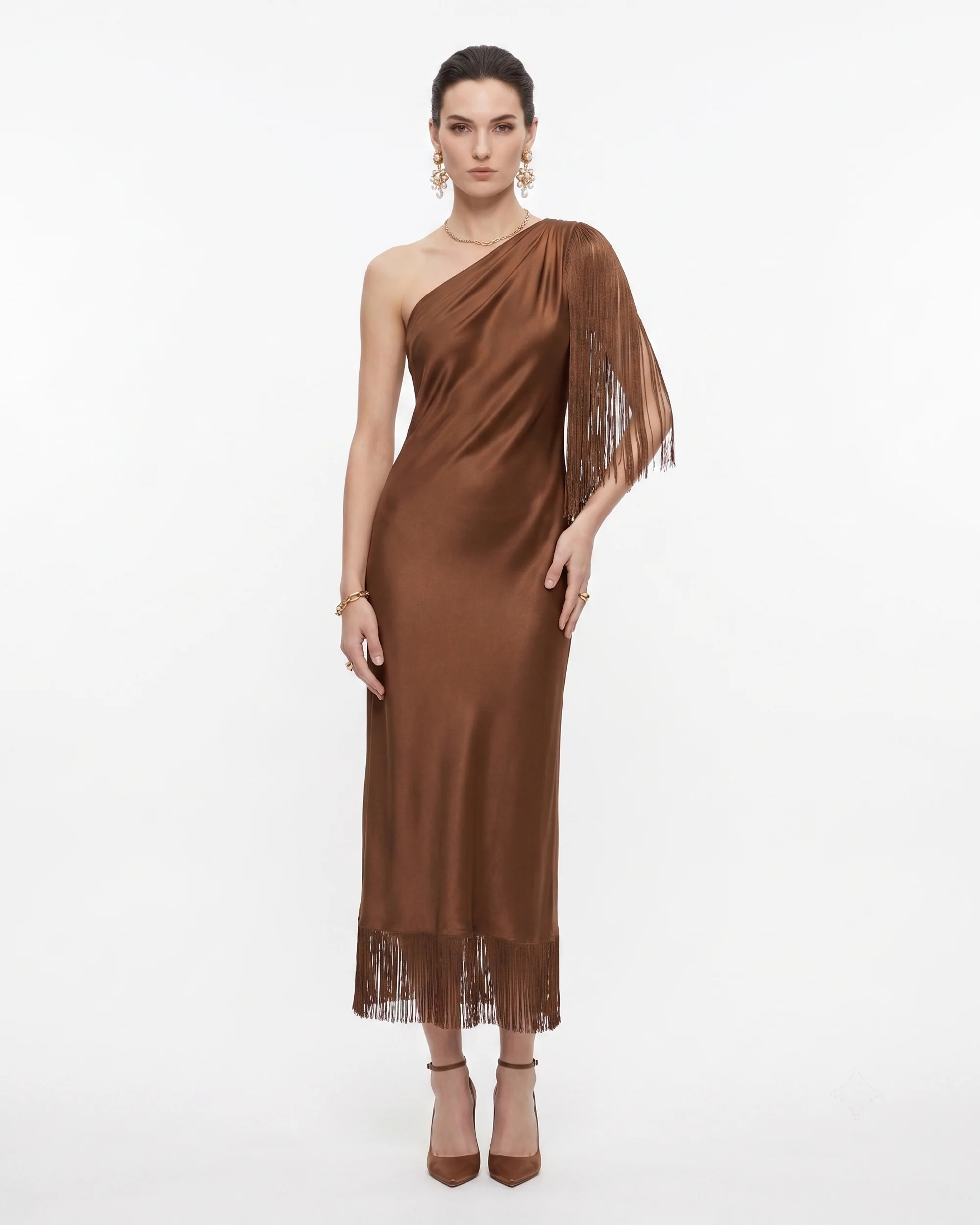 One Shoulder Fringe Midi Dress - Chocolate Brown