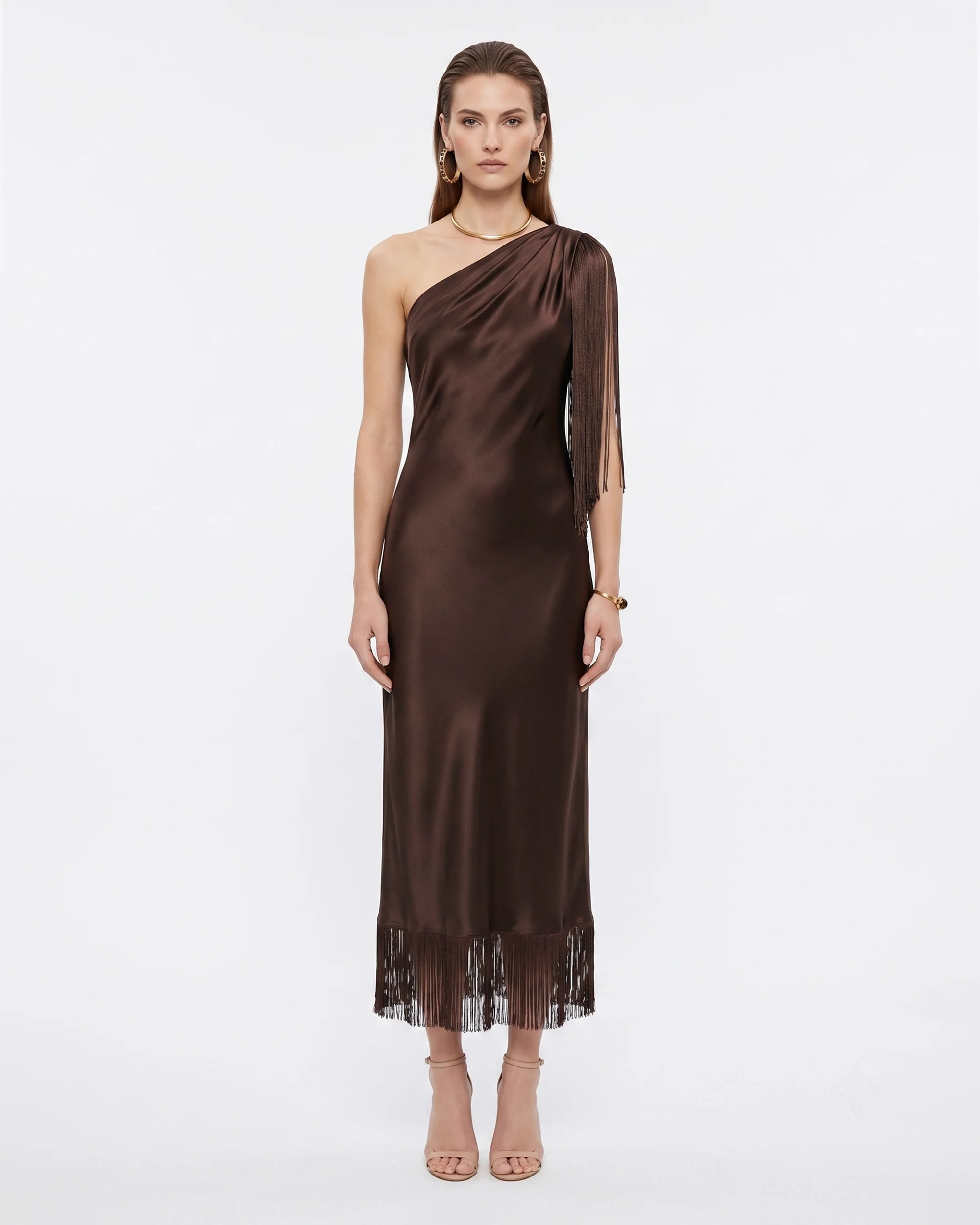 One Shoulder Fringe Midi Dress - Mocha