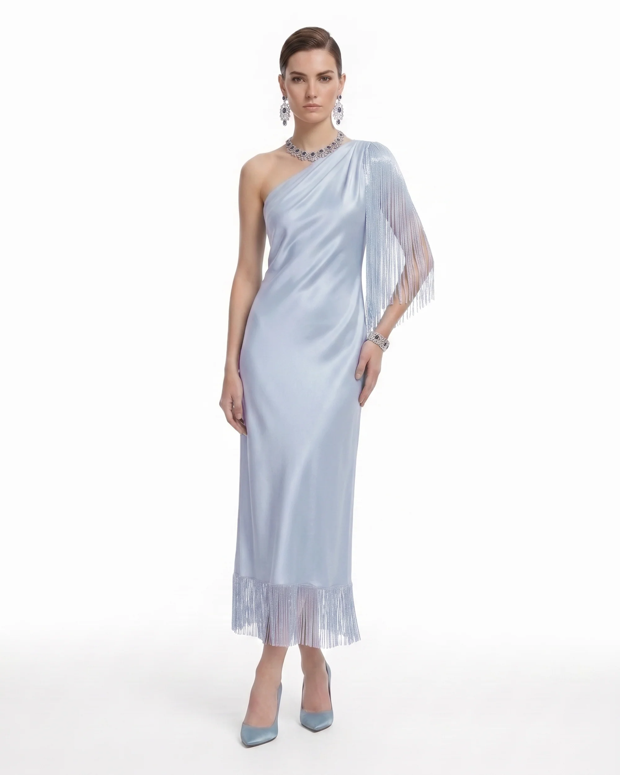 One Shoulder Fringe Midi Dress - Powder Blue