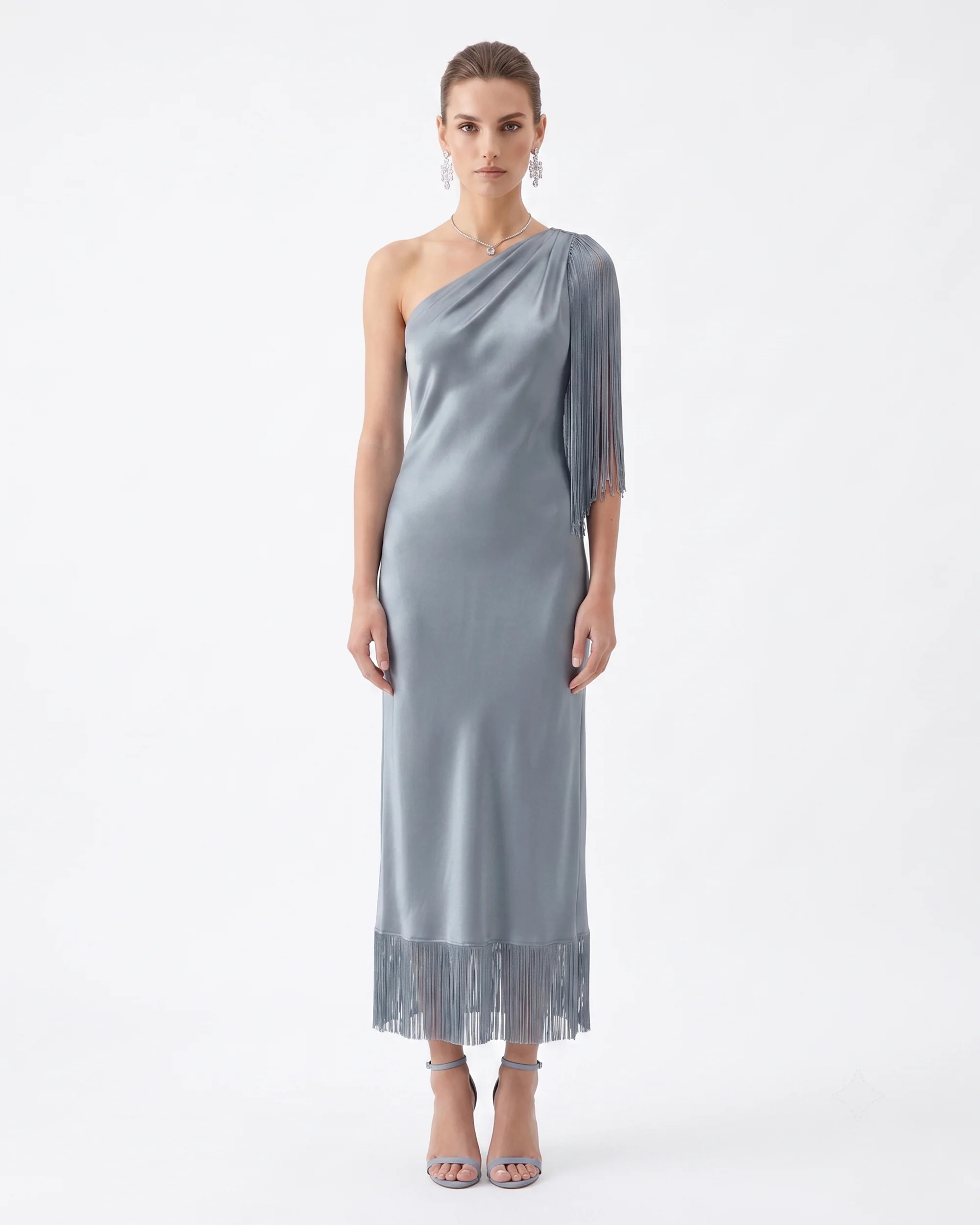 One Shoulder Fringe Midi Dress - Slate Blue