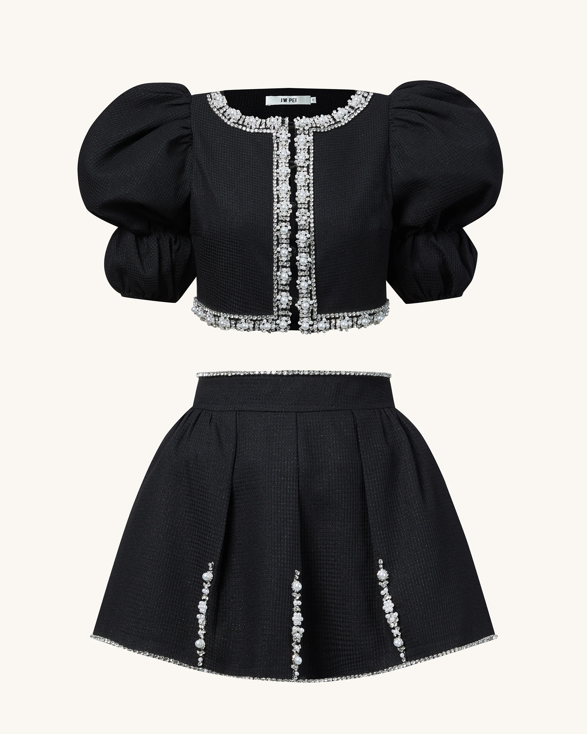 Pearl-Embellished Tweed Set - Black - Image 3