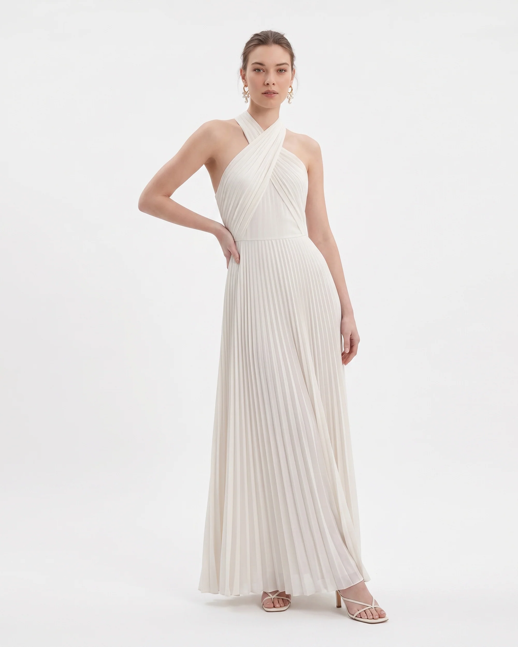 Pleated Cross Halter Maxi Dress - Ivory - Image 2