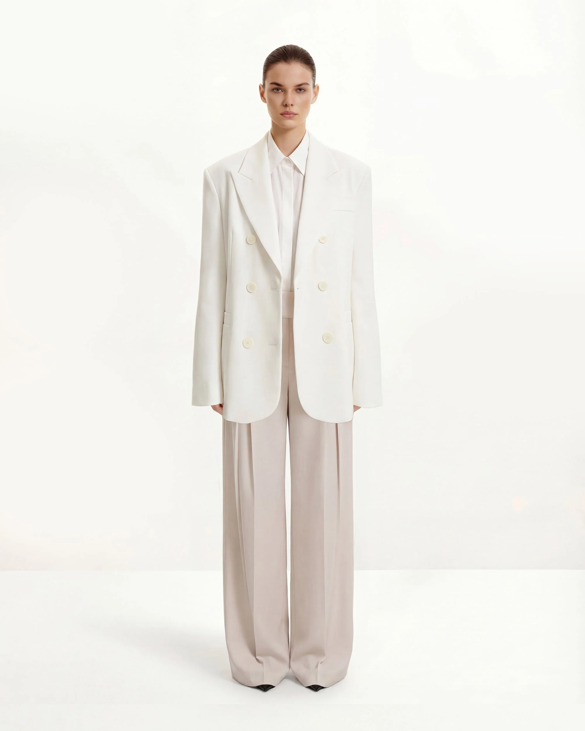 Pleated Wide-Leg Trousers - Beige