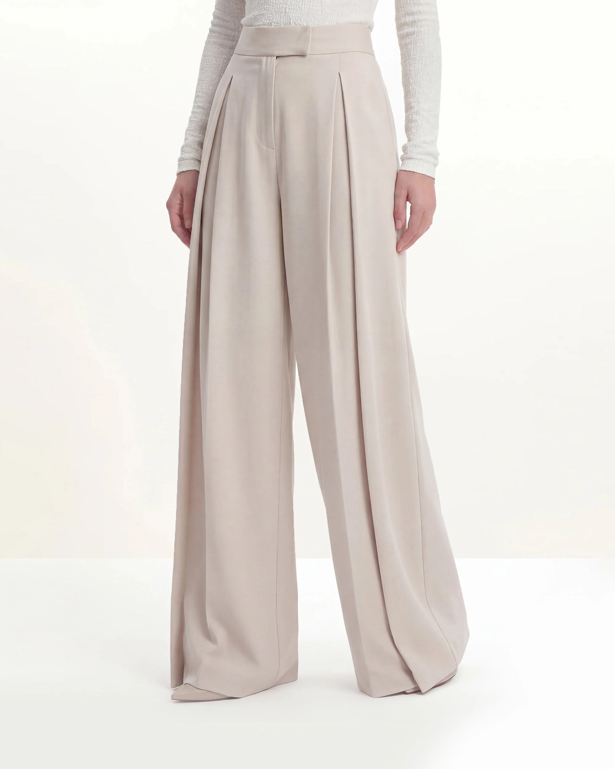 Pleated Wide-Leg Trousers - Beige - Image 2