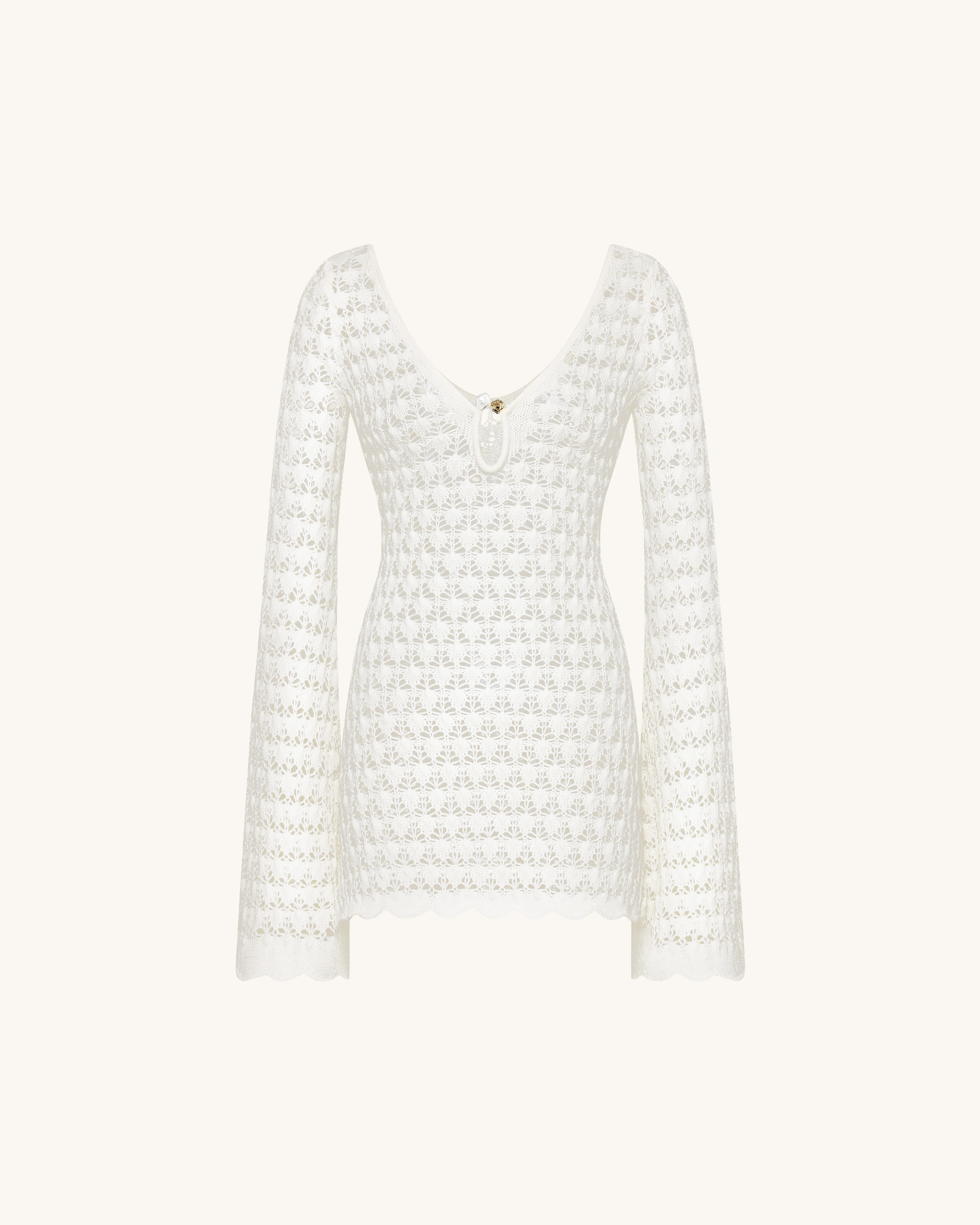 Pointelle Knit Keyhole Mini Dress - White - Image 2