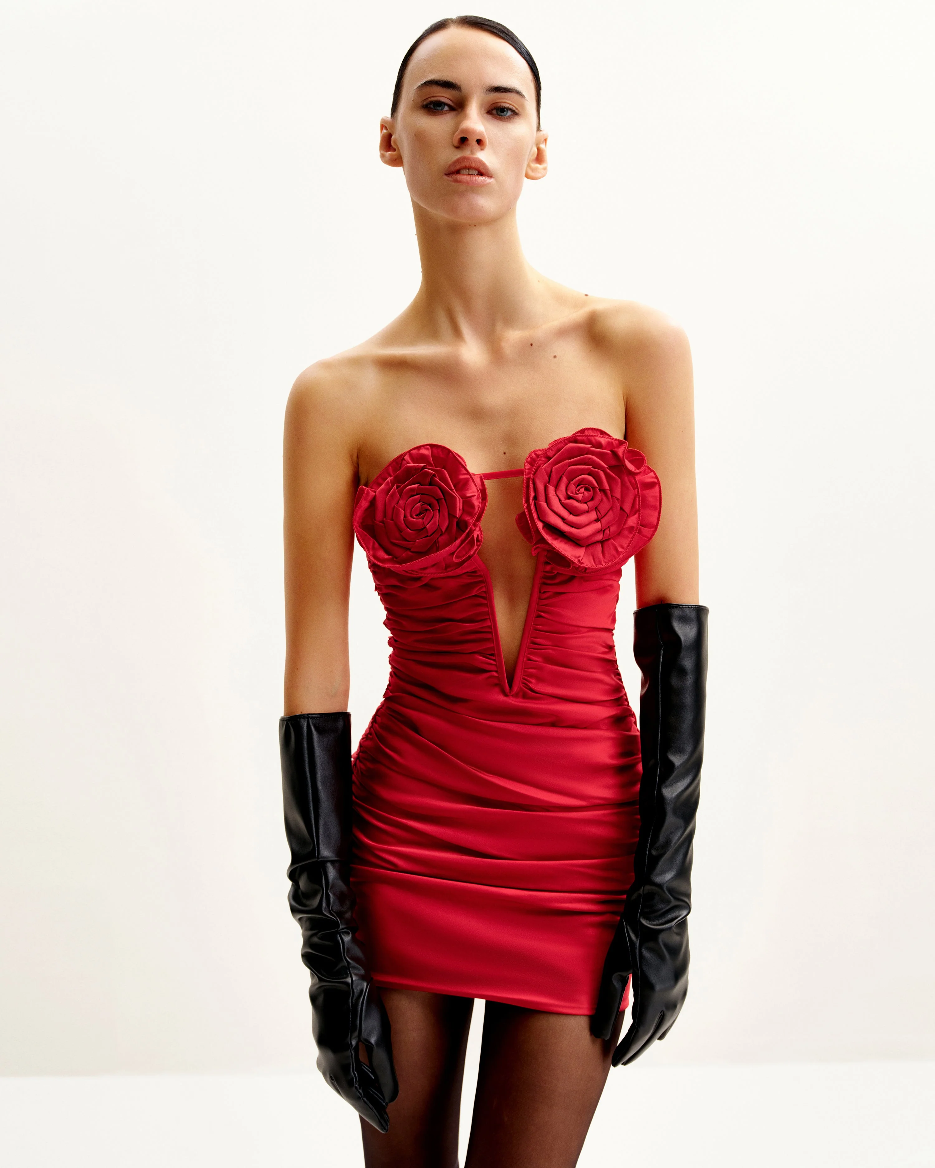 Bailee Red Floral Applique And Ruched Tube Mini Dress - Red - Image 3