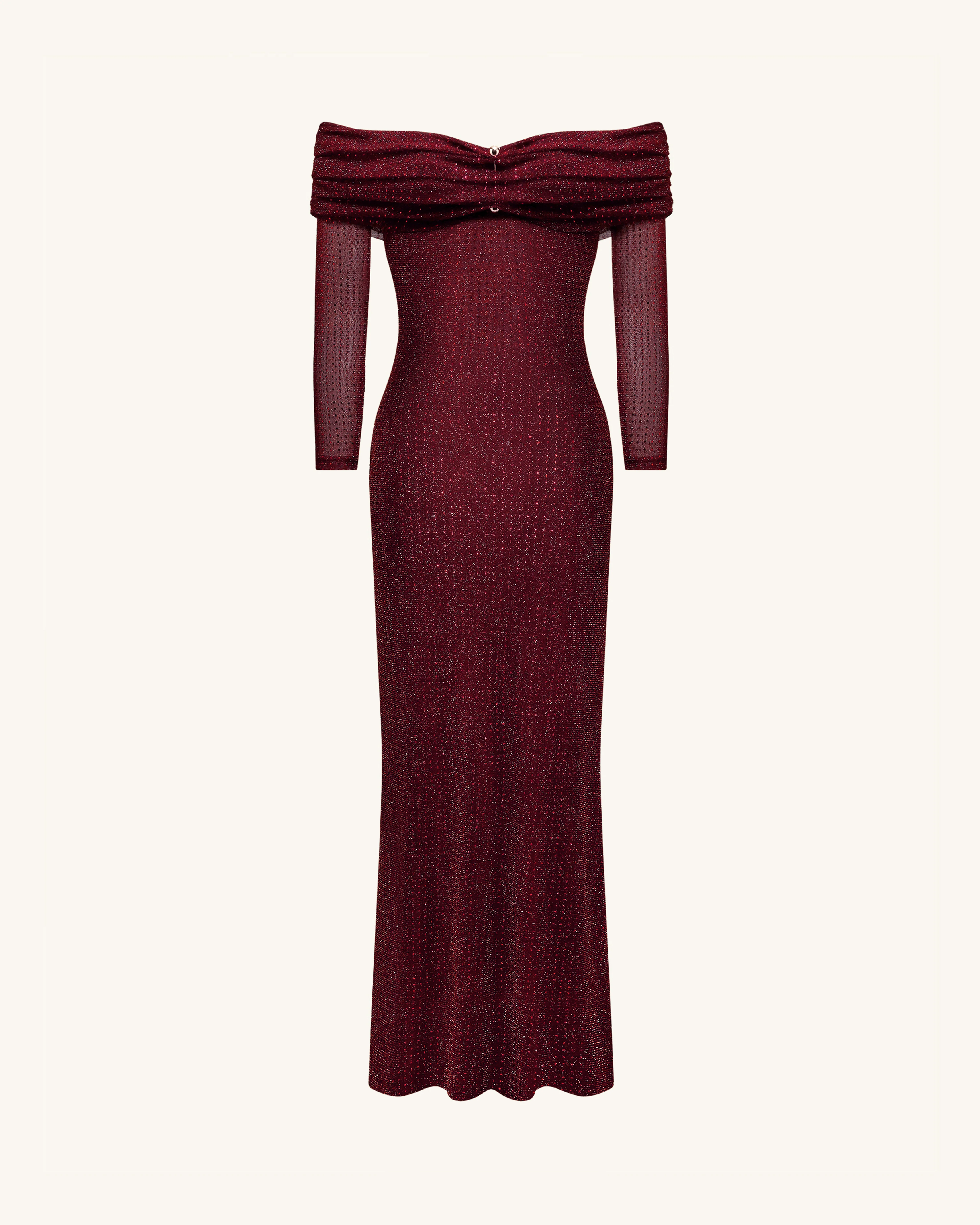 Rhinestone Mesh Off-Shoulder Maxi Dress - Claret - Image 3