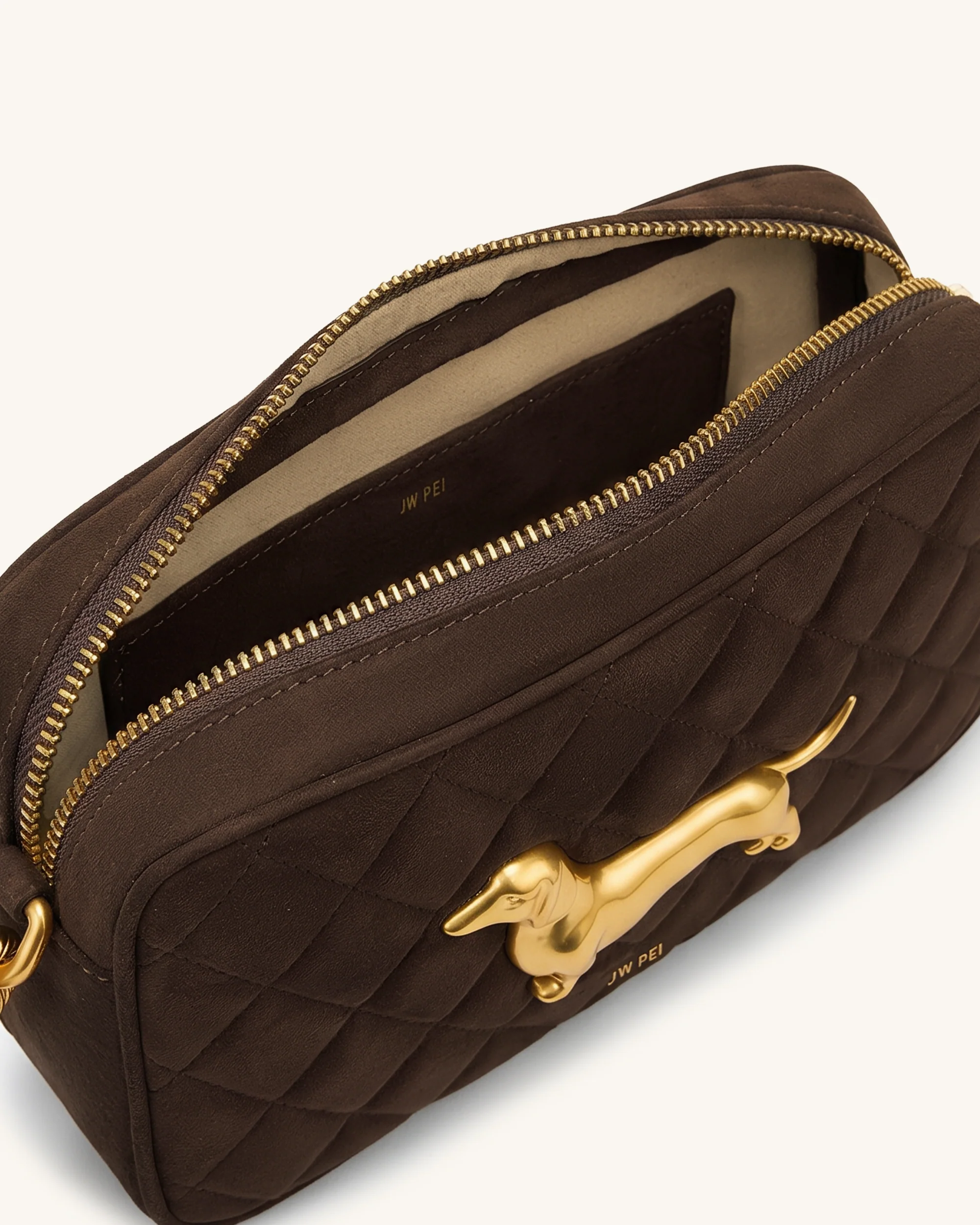 Riley Faux Suede Dachshund Quilted Shoulder Bag - Dark Brown - Image 4