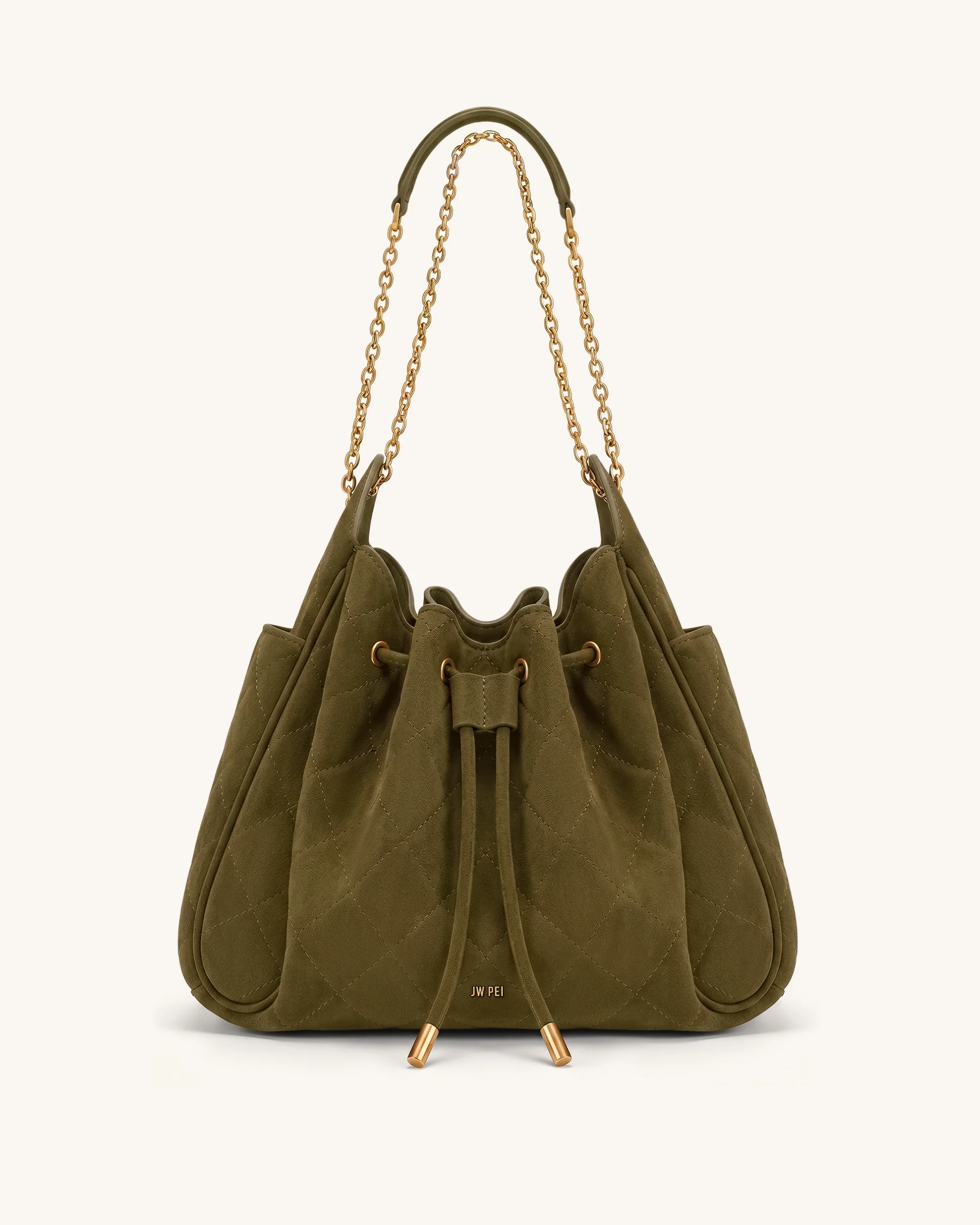 Rowan Faux Suede Quilted Chain Bucket Bag - Olive Green