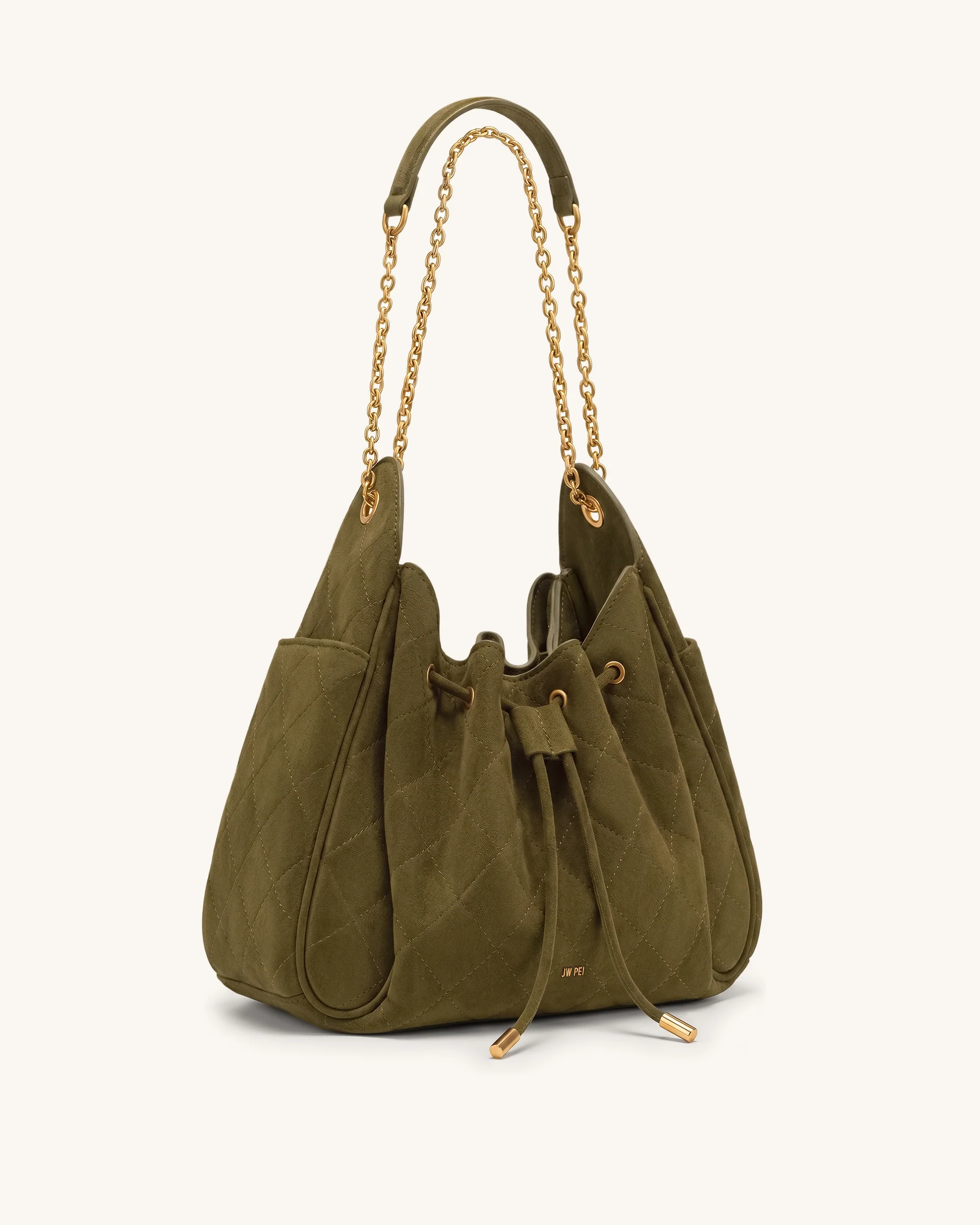 Rowan Faux Suede Quilted Chain Bucket Bag - Olive Green - Image 2