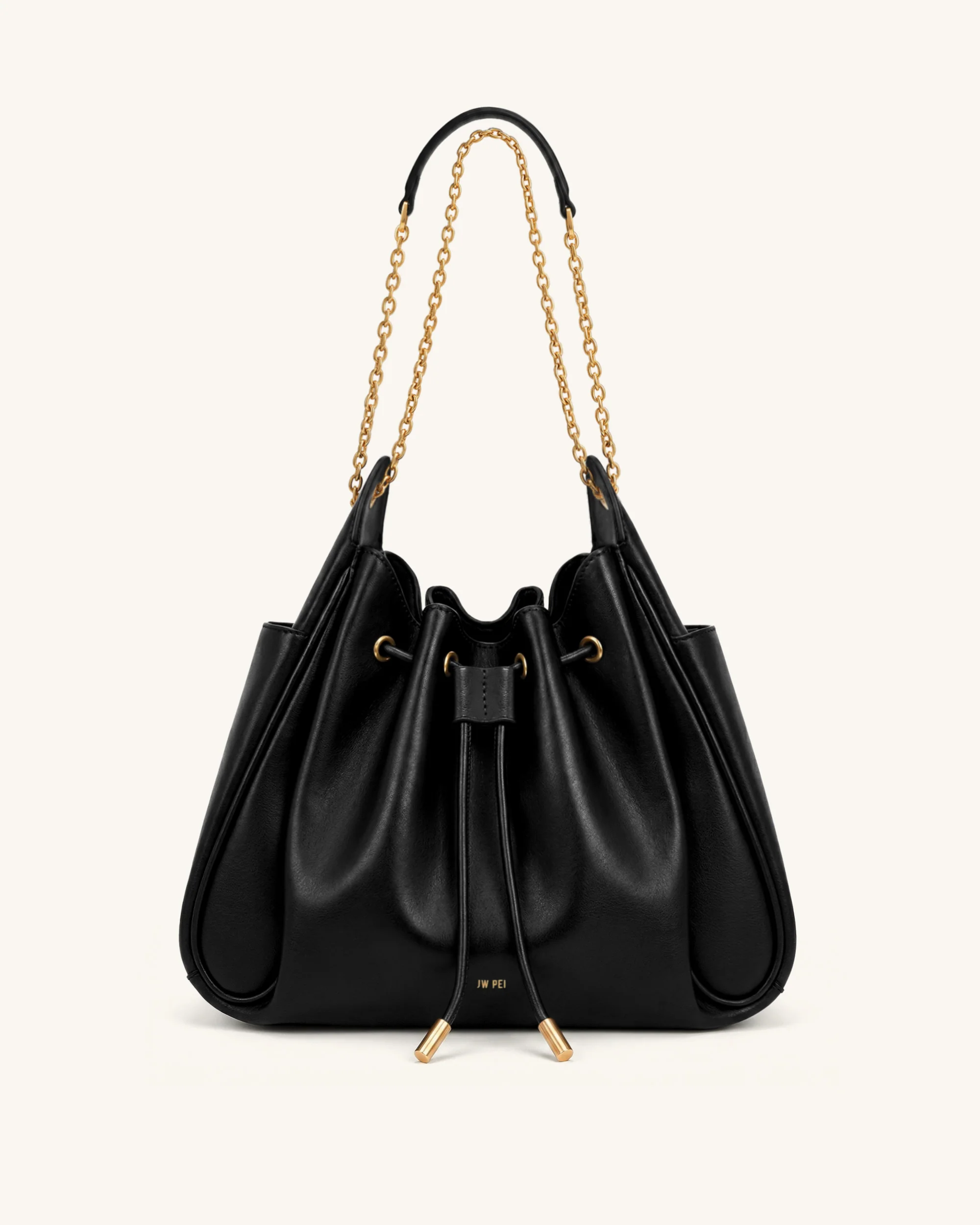 Rowan Ruched Drawstring Chain Bucket Bag - Black
