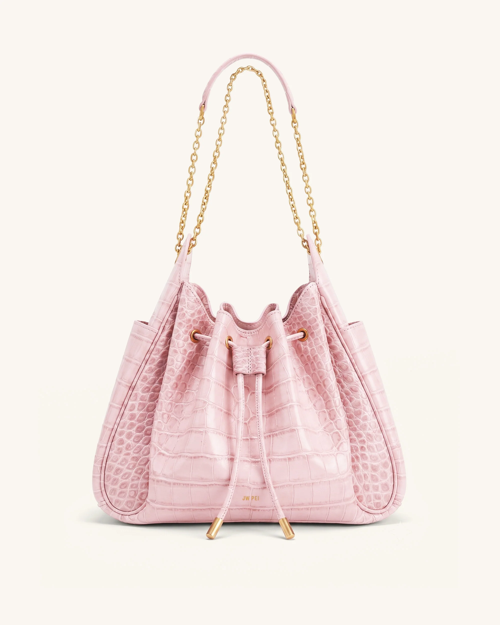 Rowan Ruched Drawstring Chain Bucket Bag - Pink Croc