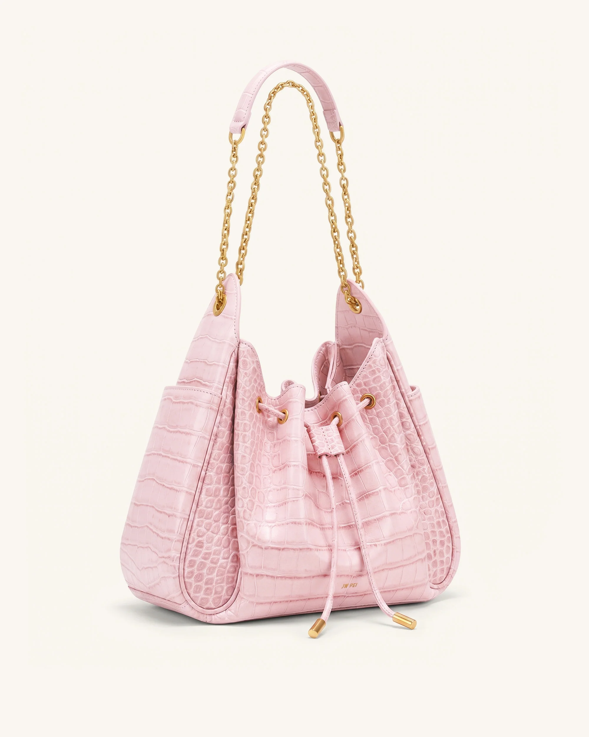 Rowan Ruched Drawstring Chain Bucket Bag - Pink Croc - Image 2