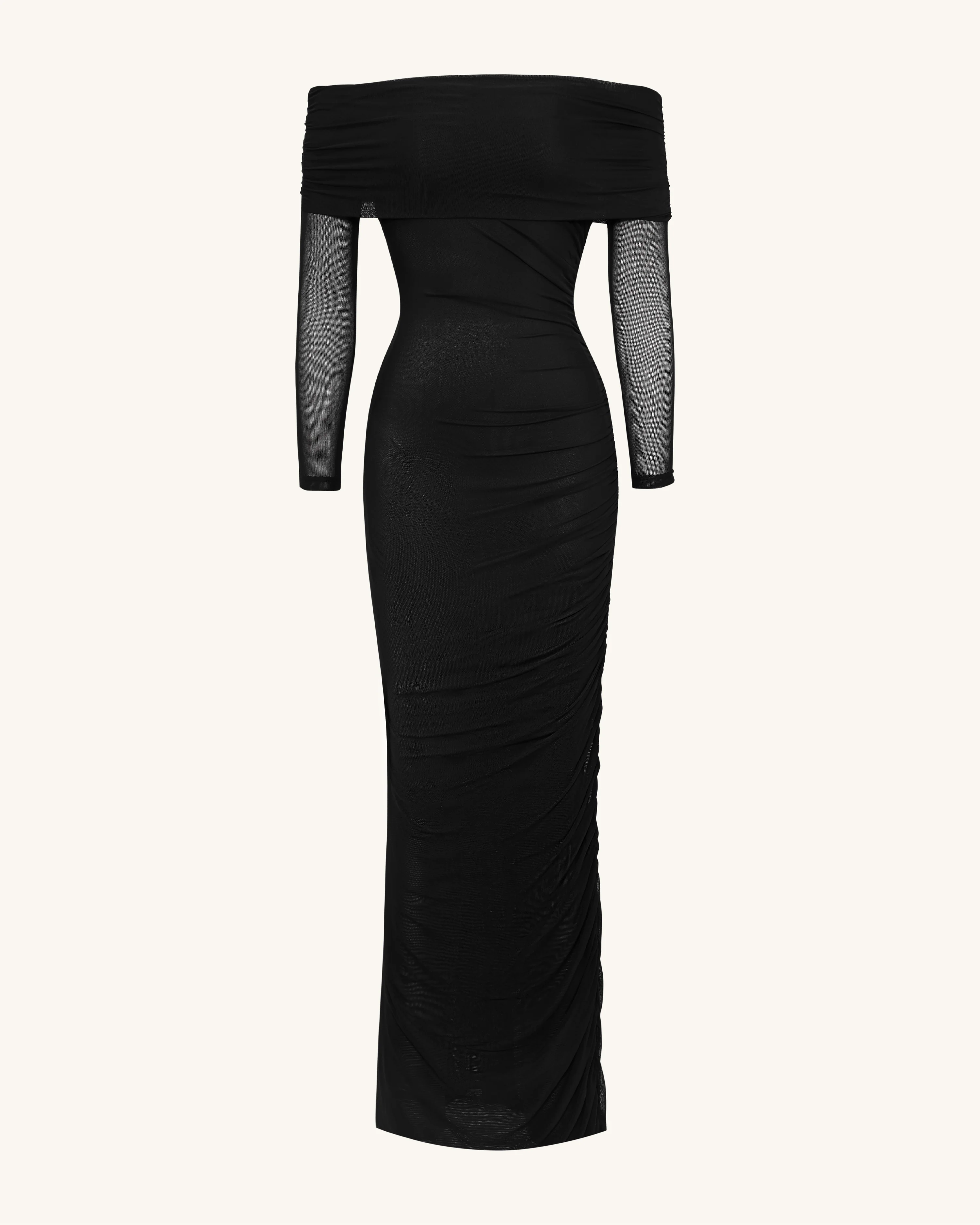 Ruched Off-Shoulder Mesh-Sleeve Mermaid Maxi Dress - Black - Image 3