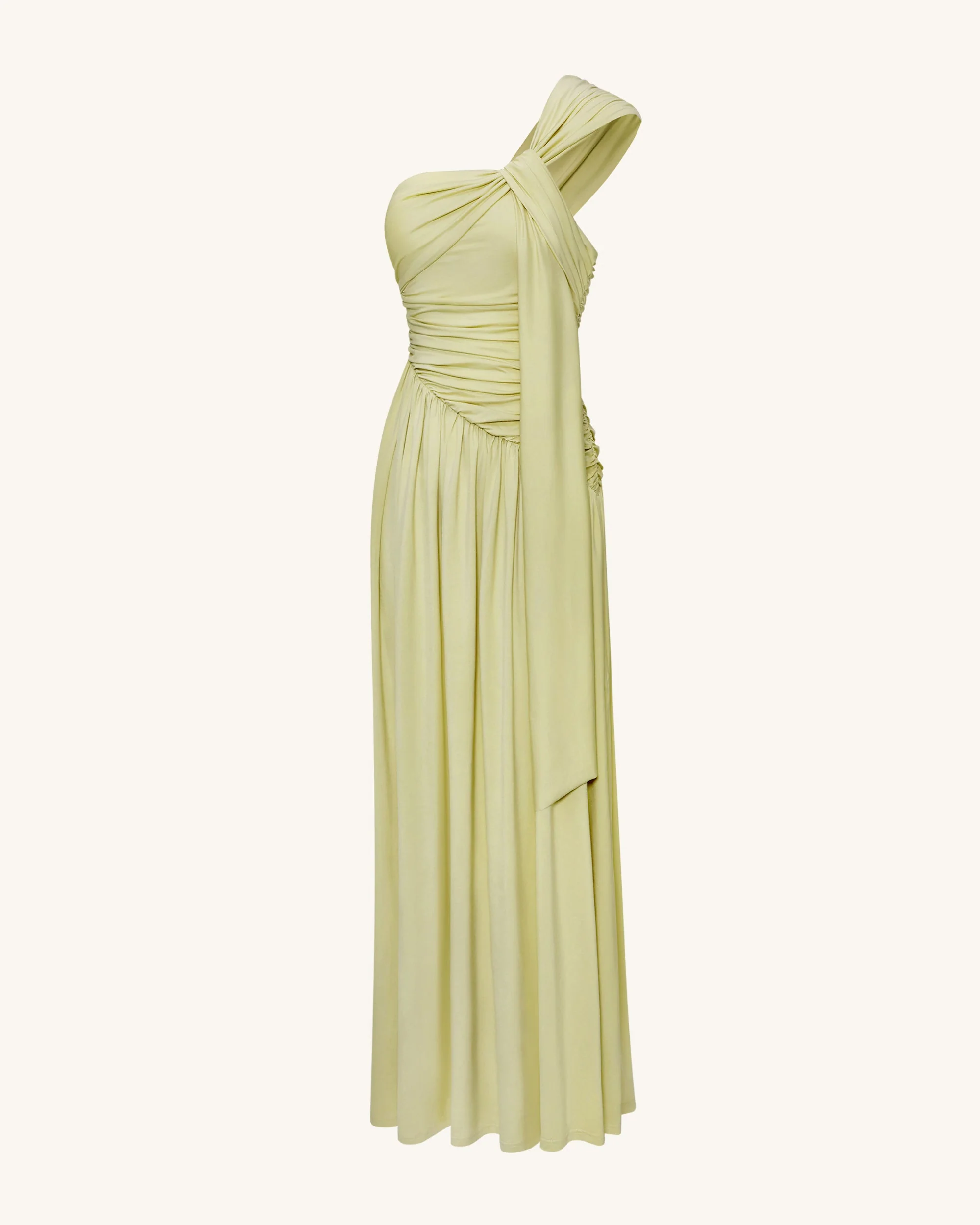 Ruched One-Shoulder Maxi Dress with Trailing Sash - Green - Image 5