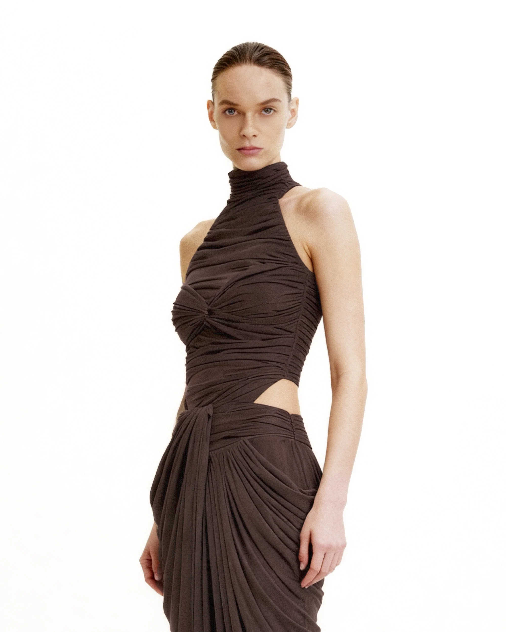 Ruched Twist-Front Halter Bodysuit - Brown - Image 3