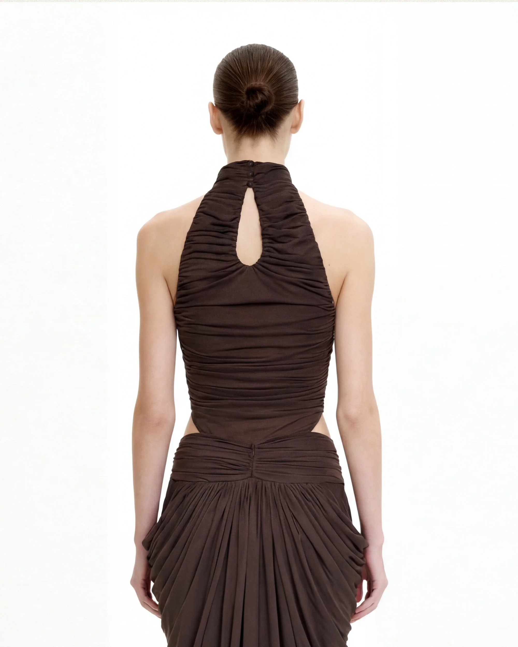 Ruched Twist-Front Halter Bodysuit - Brown - Image 4