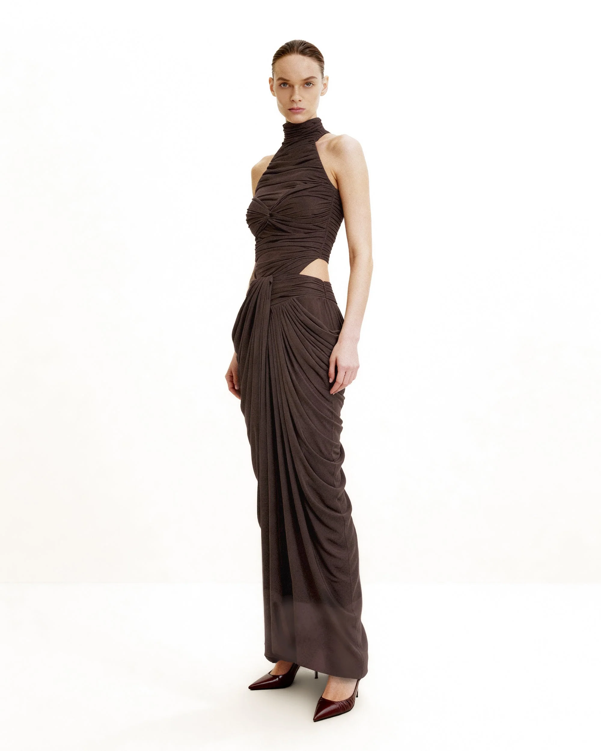 Ruched Twist-Front Halter Bodysuit - Brown - Image 5