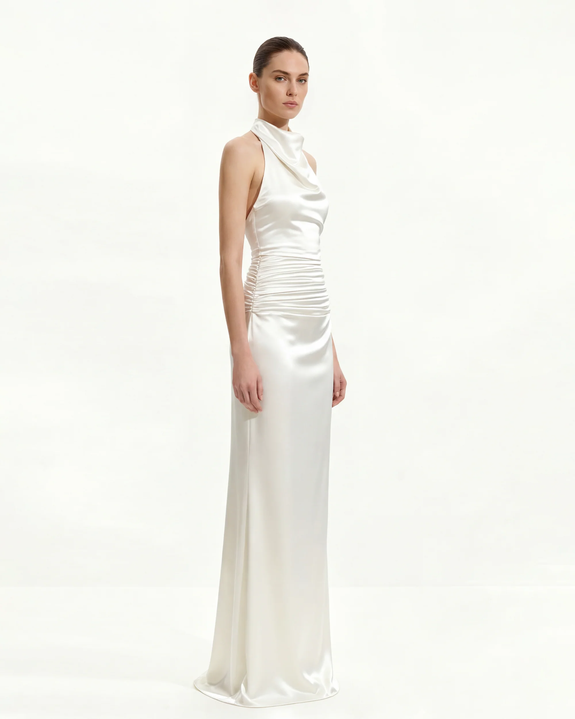 Satin Cowl Neck Ruched Maxi Gown - White - Image 2