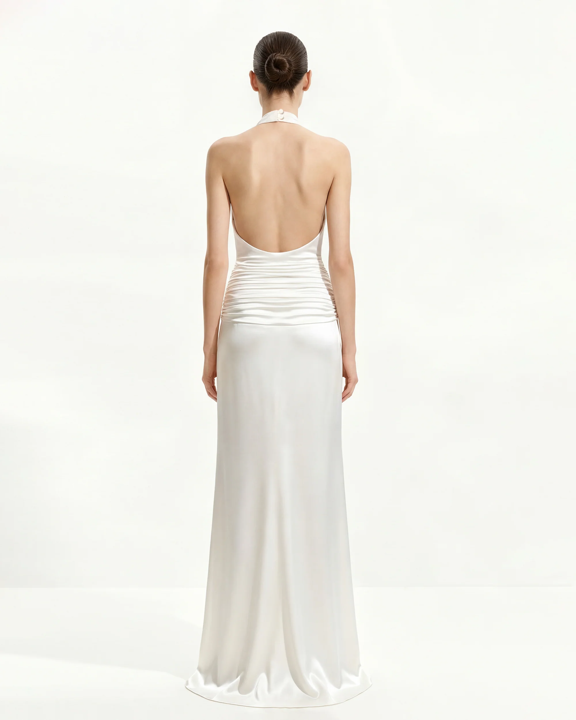 Satin Cowl Neck Ruched Maxi Gown - White - Image 3