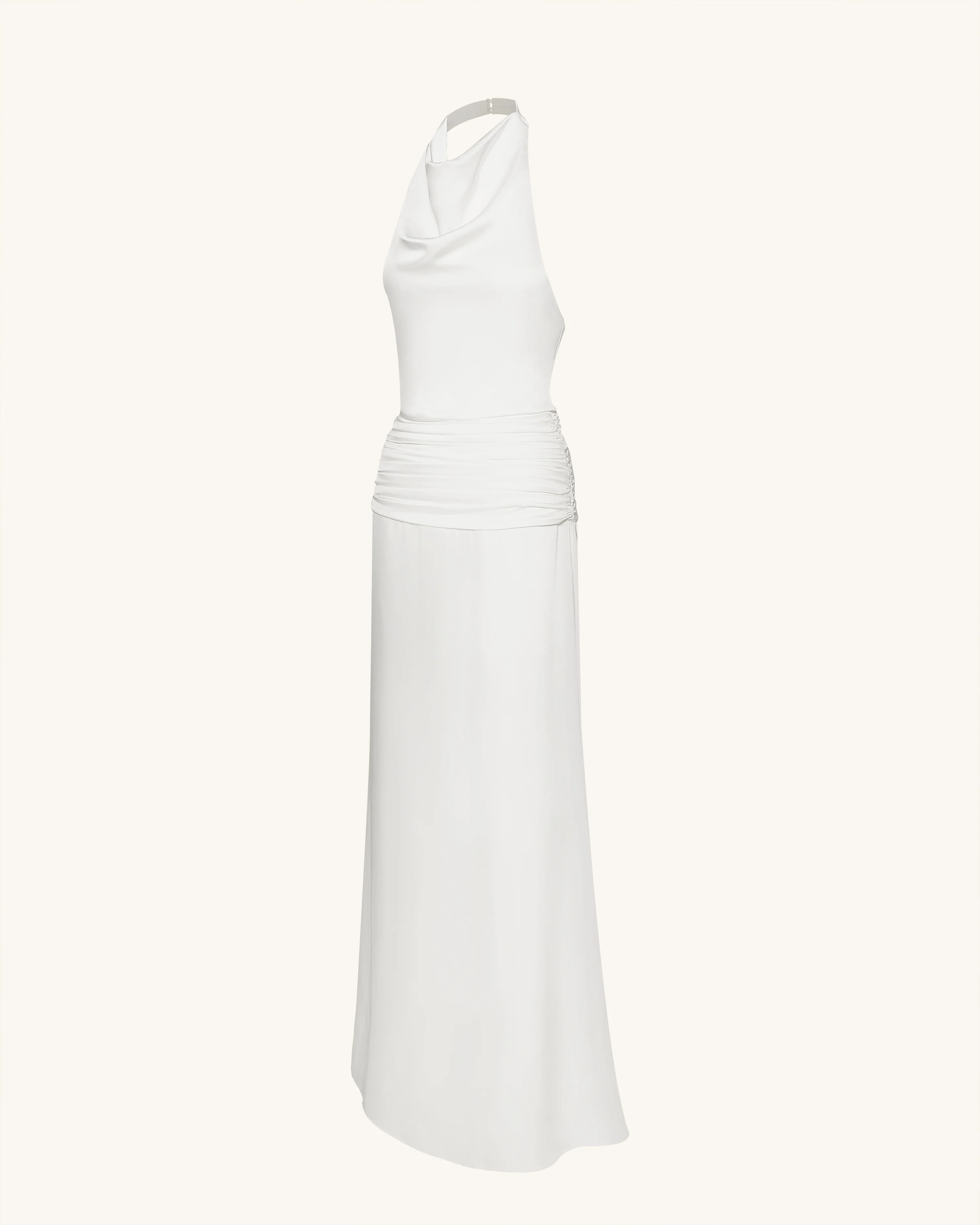 Satin Cowl Neck Ruched Maxi Gown - White - Image 5