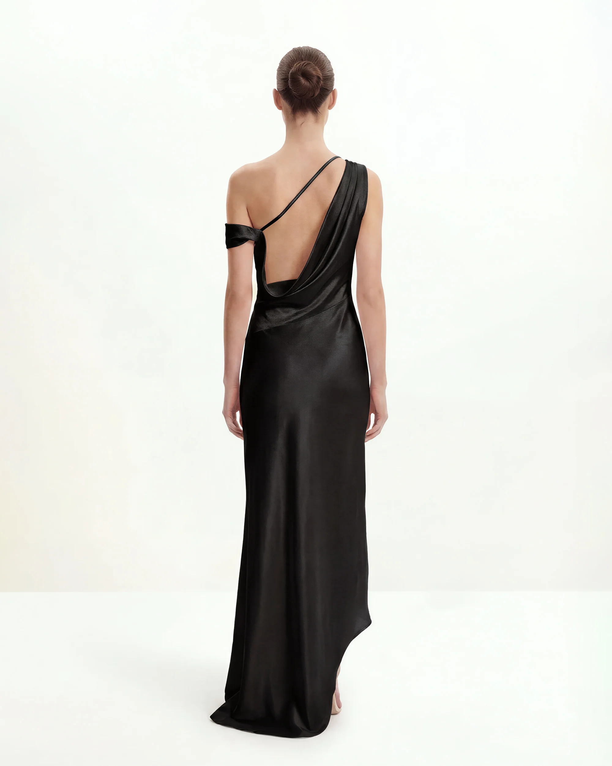 Satin Draped One-Shoulder Asymmetric Dress - Black - Image 2