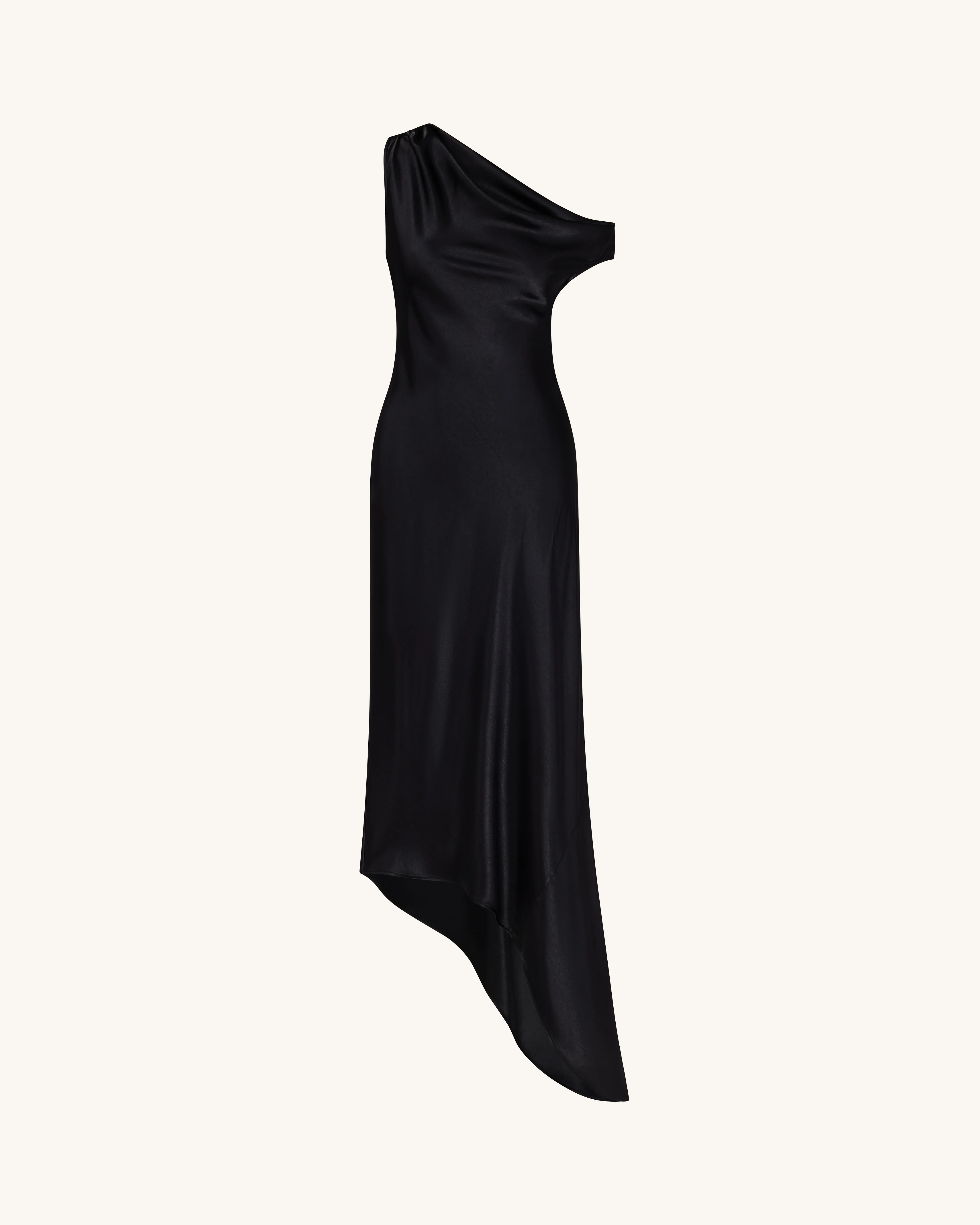 Satin Draped One-Shoulder Asymmetric Dress - Black - Image 3