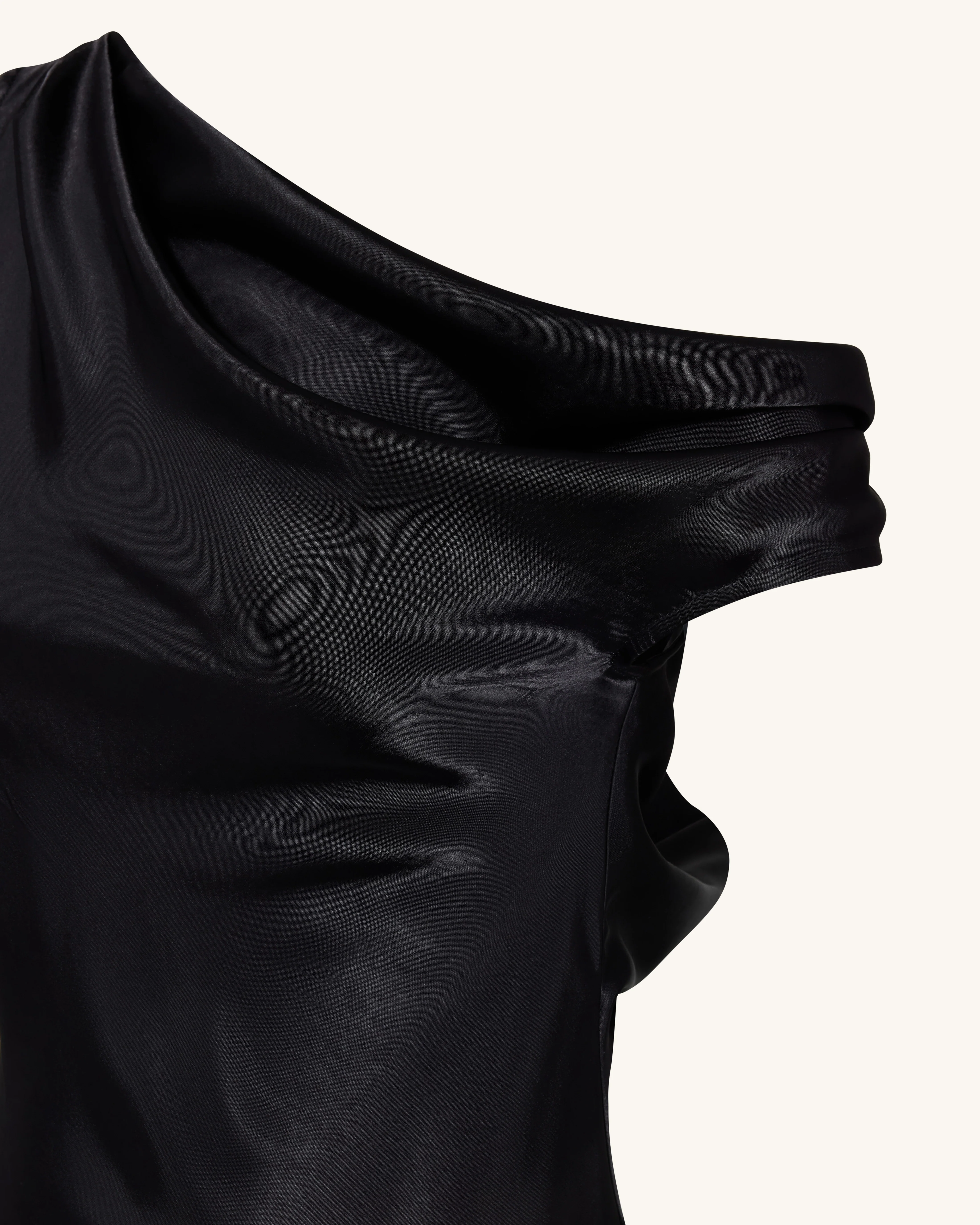 Satin Draped One-Shoulder Asymmetric Dress - Black - Image 5