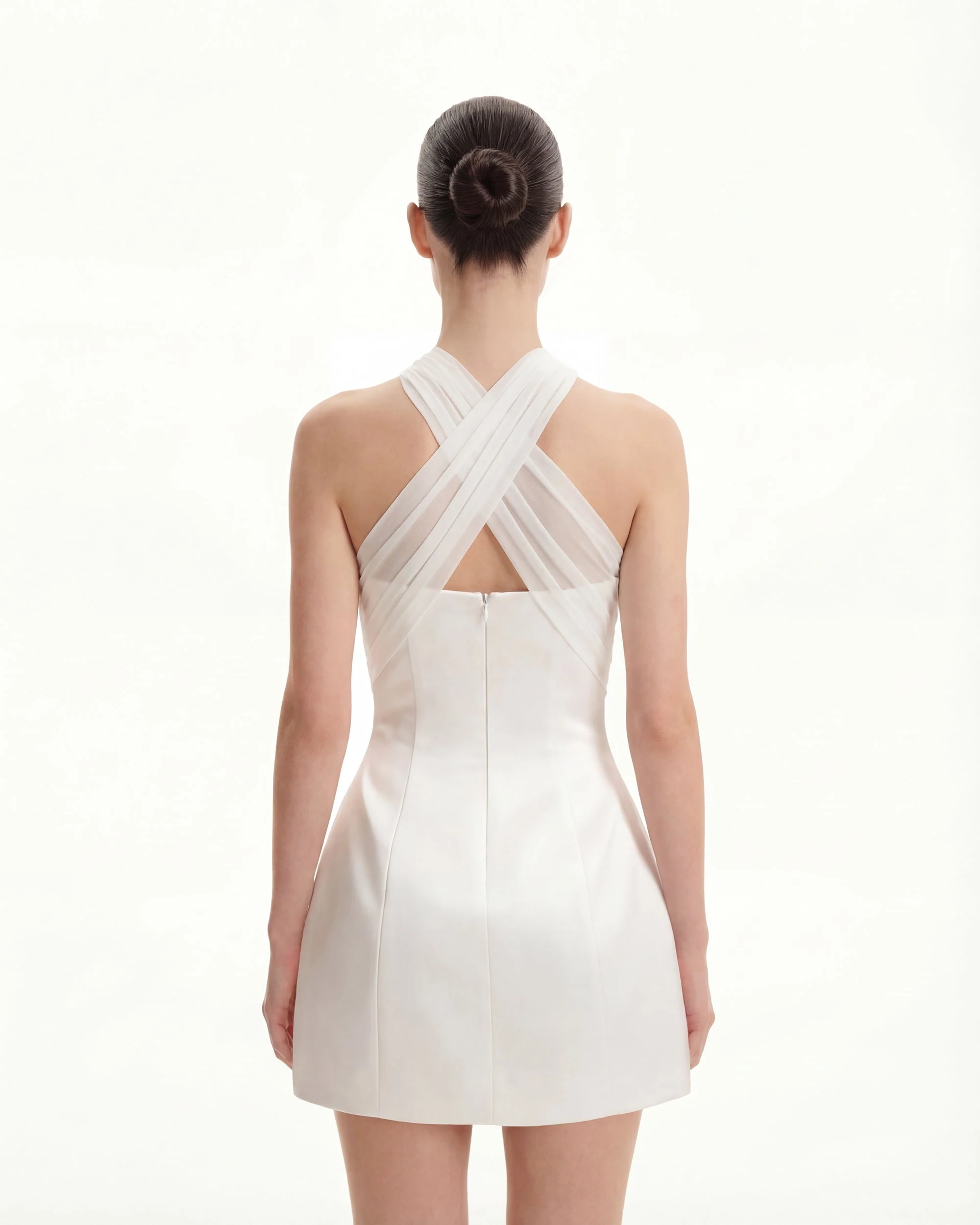 Satin Mini Dress with Tulle Cross-Halter - White - Image 3