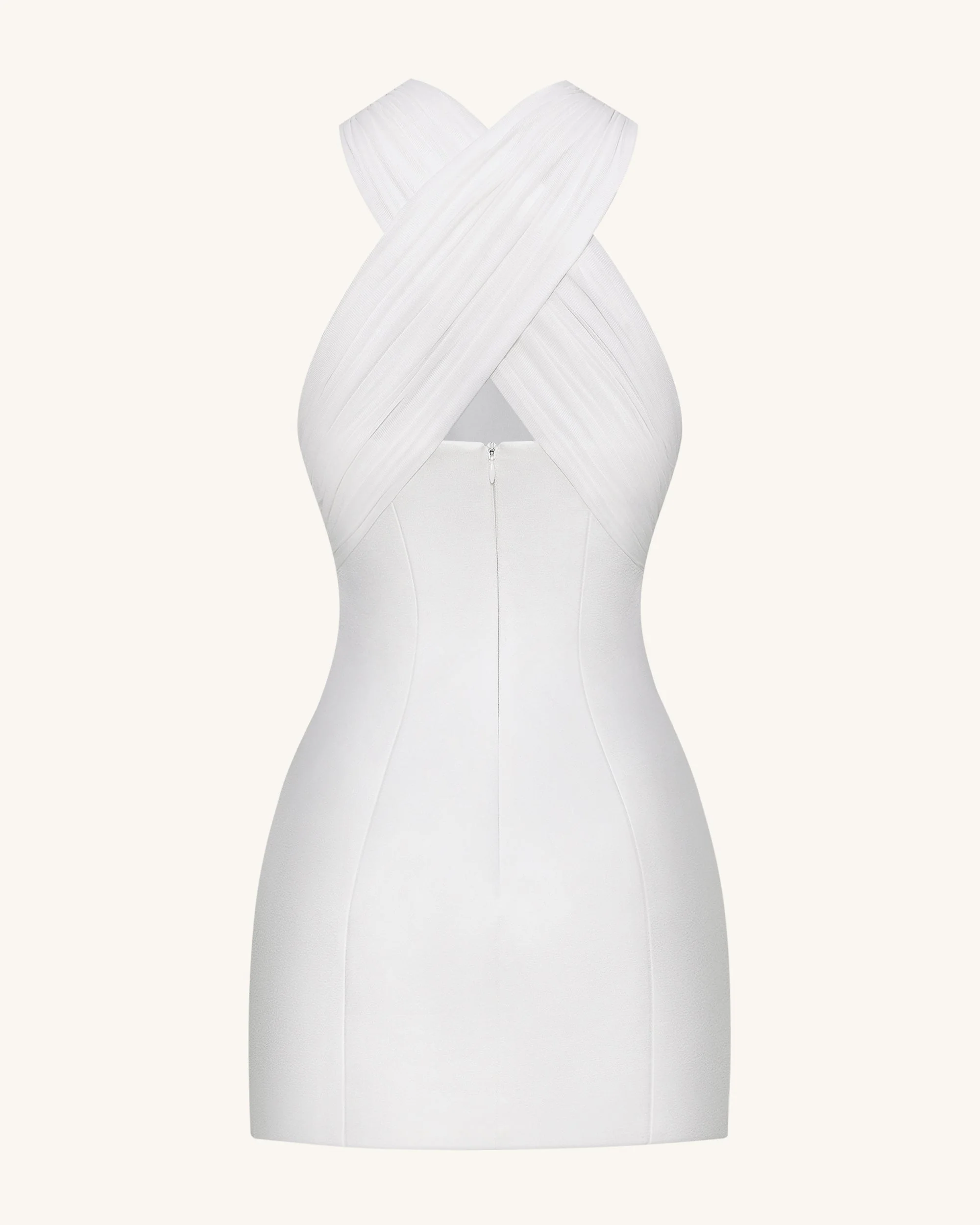 Satin Mini Dress with Tulle Cross-Halter - White - Image 8