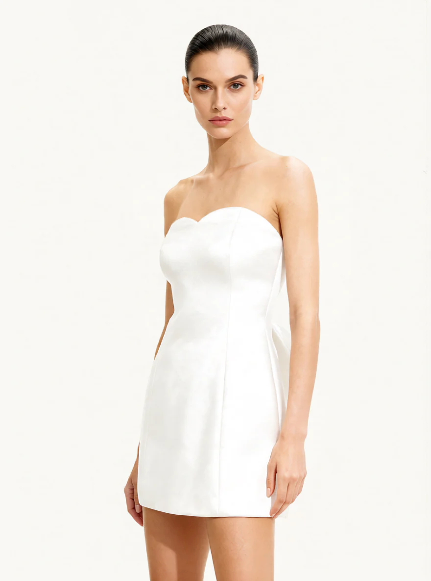 Satin Strapless Bow-Back Mini Dress - White - Image 2