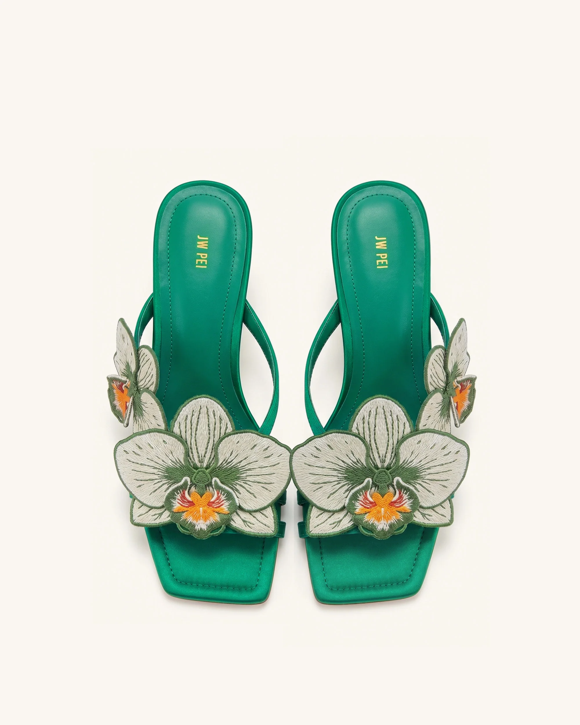 Serena Orchid Embroidered Toe Ring Heeled Sandals - Emerald Green - Image 3