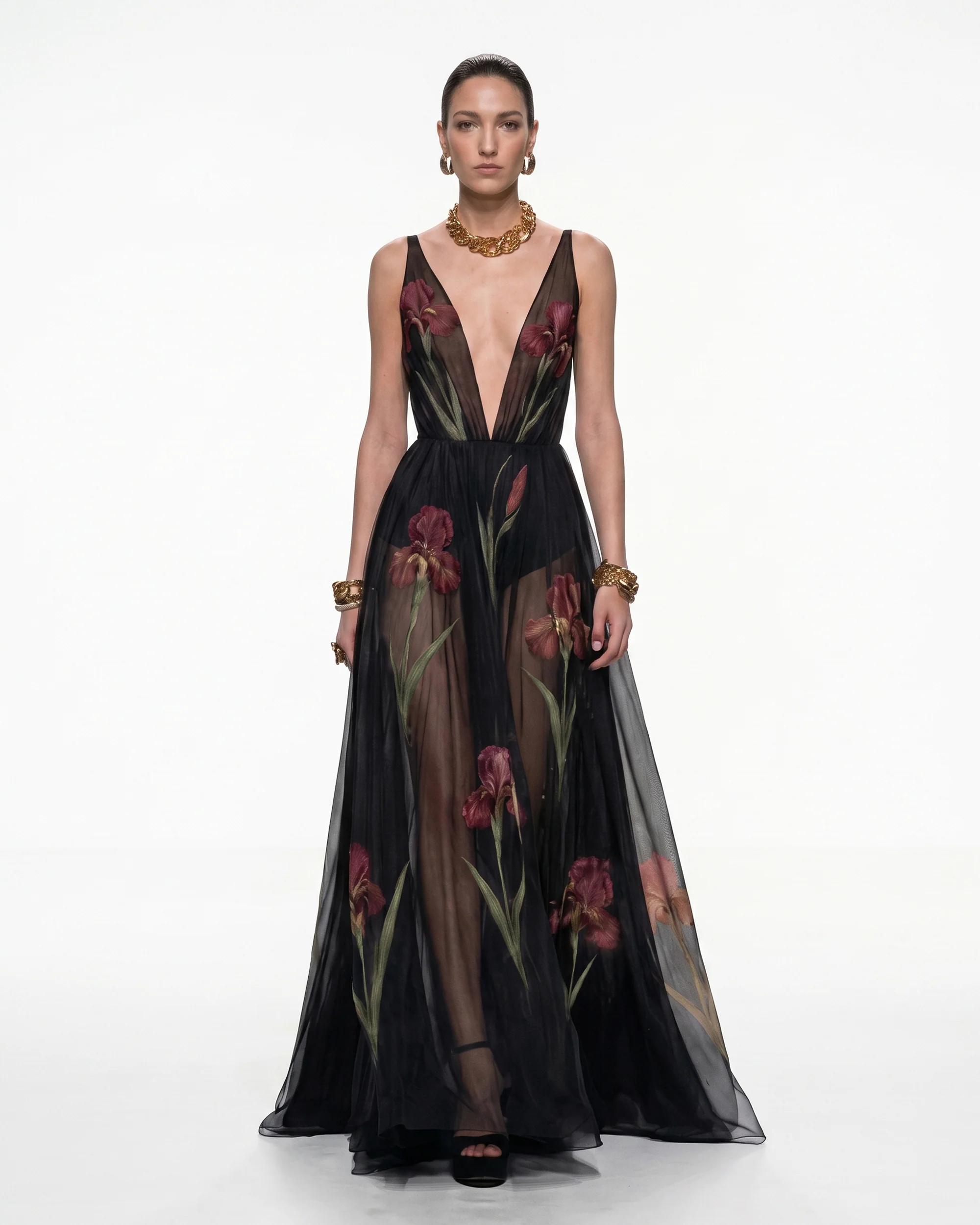 Sheer Floral Print Maxi Dress - Black & Burgundy