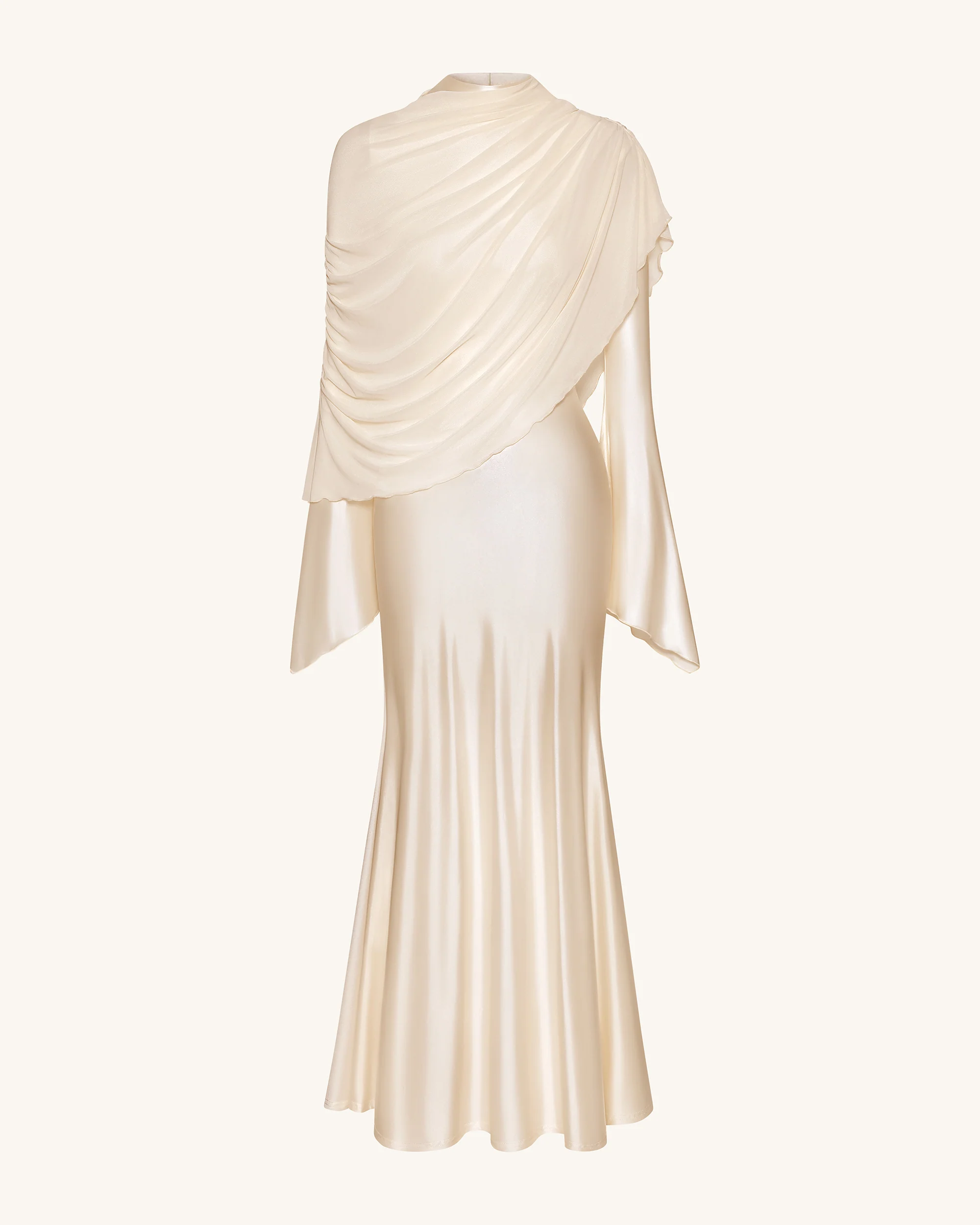 Sheer Shawl Ruched Bodycon Maxi Gown - Cream - Image 3
