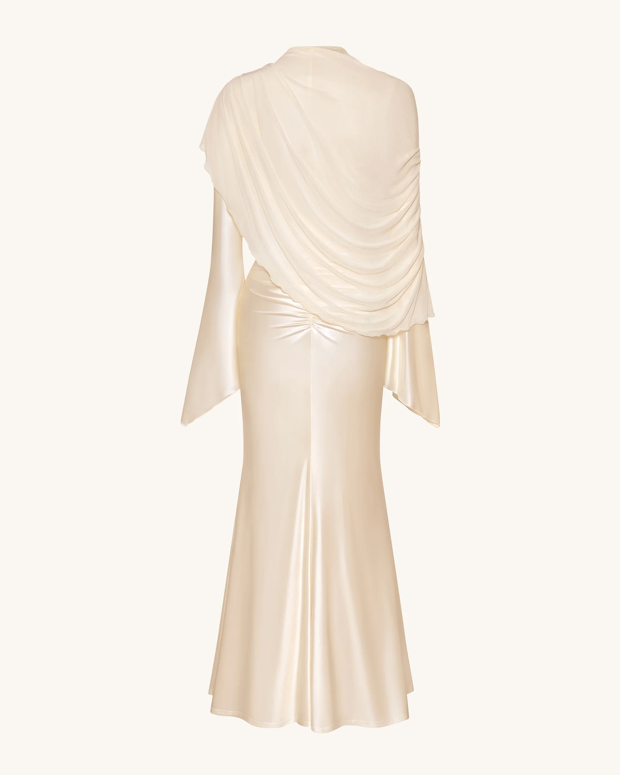 Sheer Shawl Ruched Bodycon Maxi Gown - Cream - Image 4