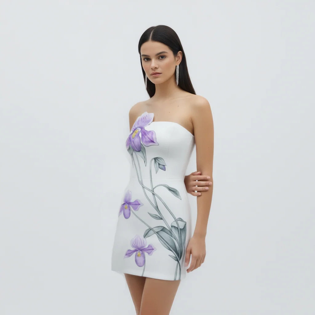 Slipper Orchid Appliqué Mini Dress - White - Image 2