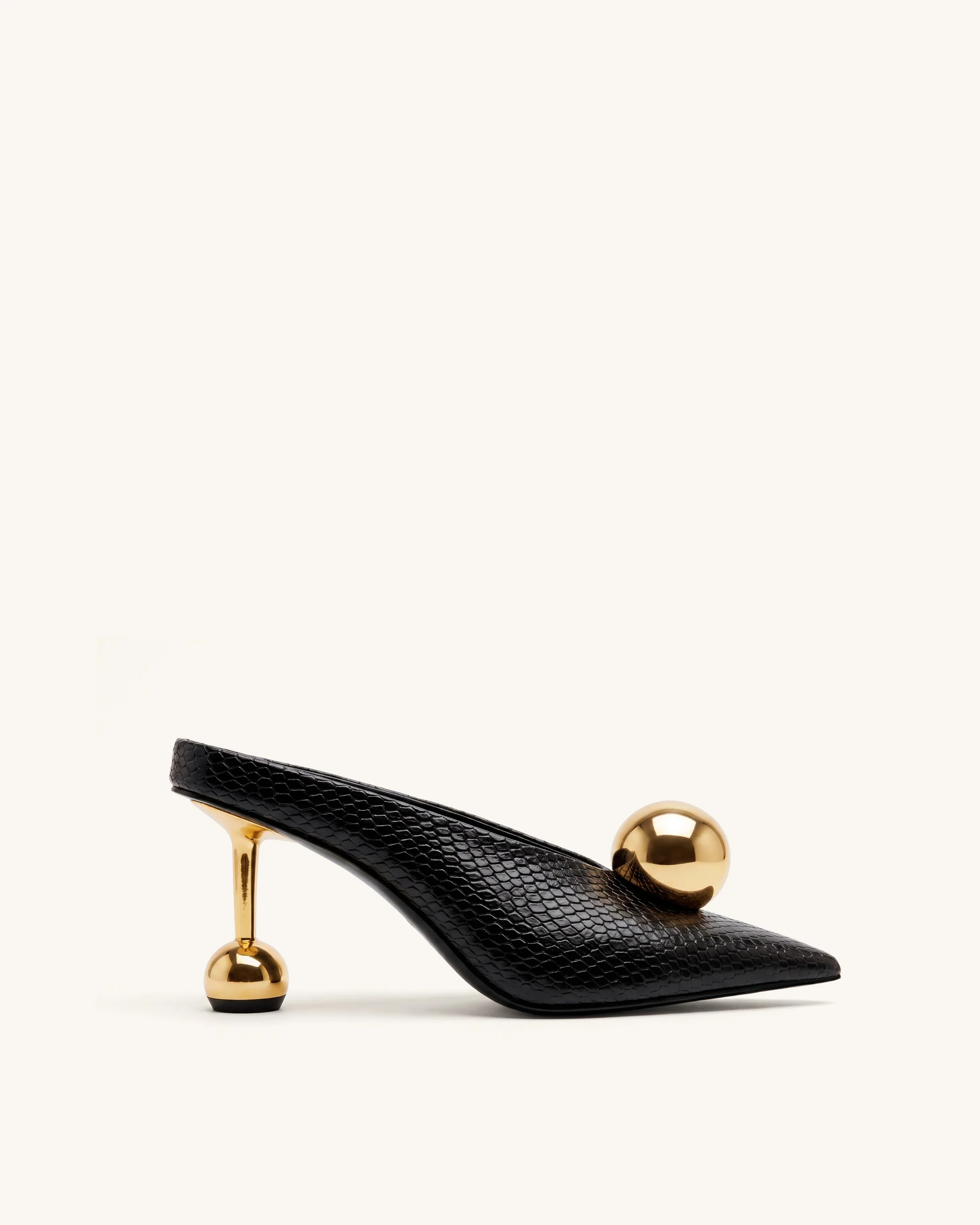 Sofia Angled Vamp Snakeskin Heel Mules - Black