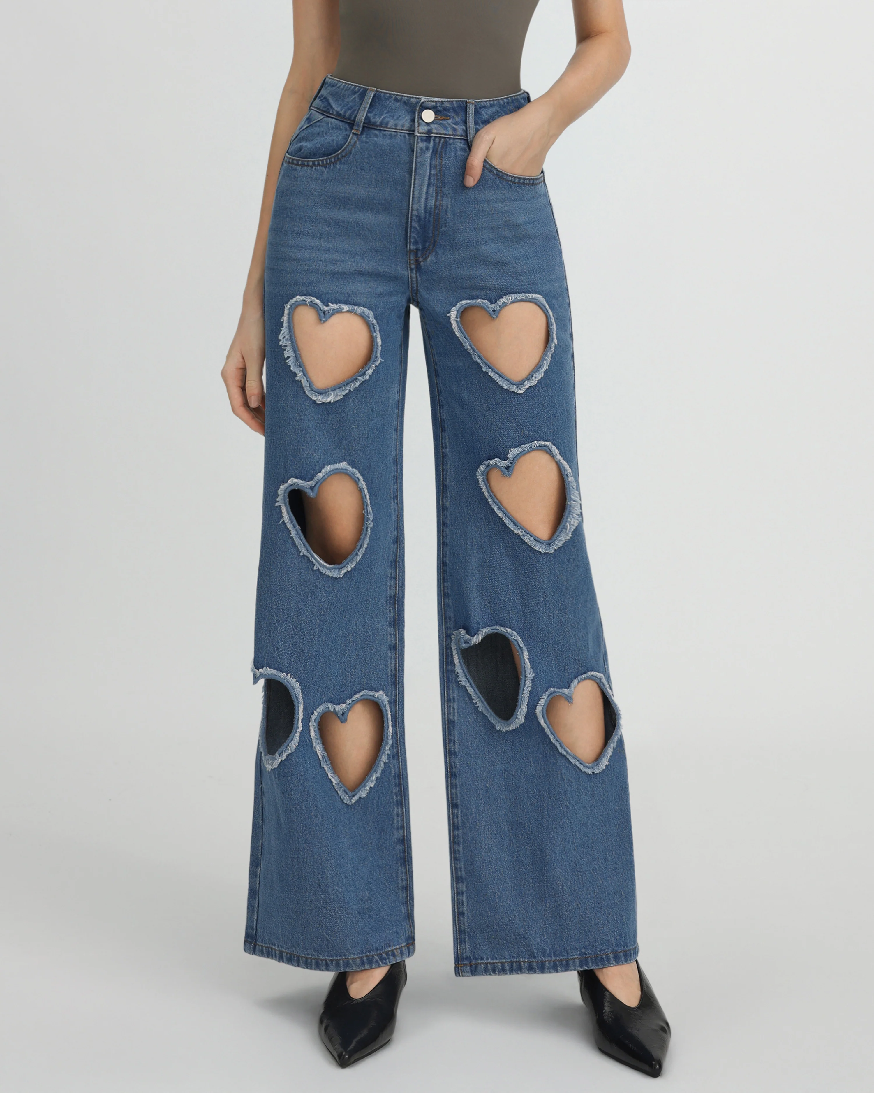 Sophia Embellished Heart Cut-Out Denim Jeans - Medium Blue - Image 2