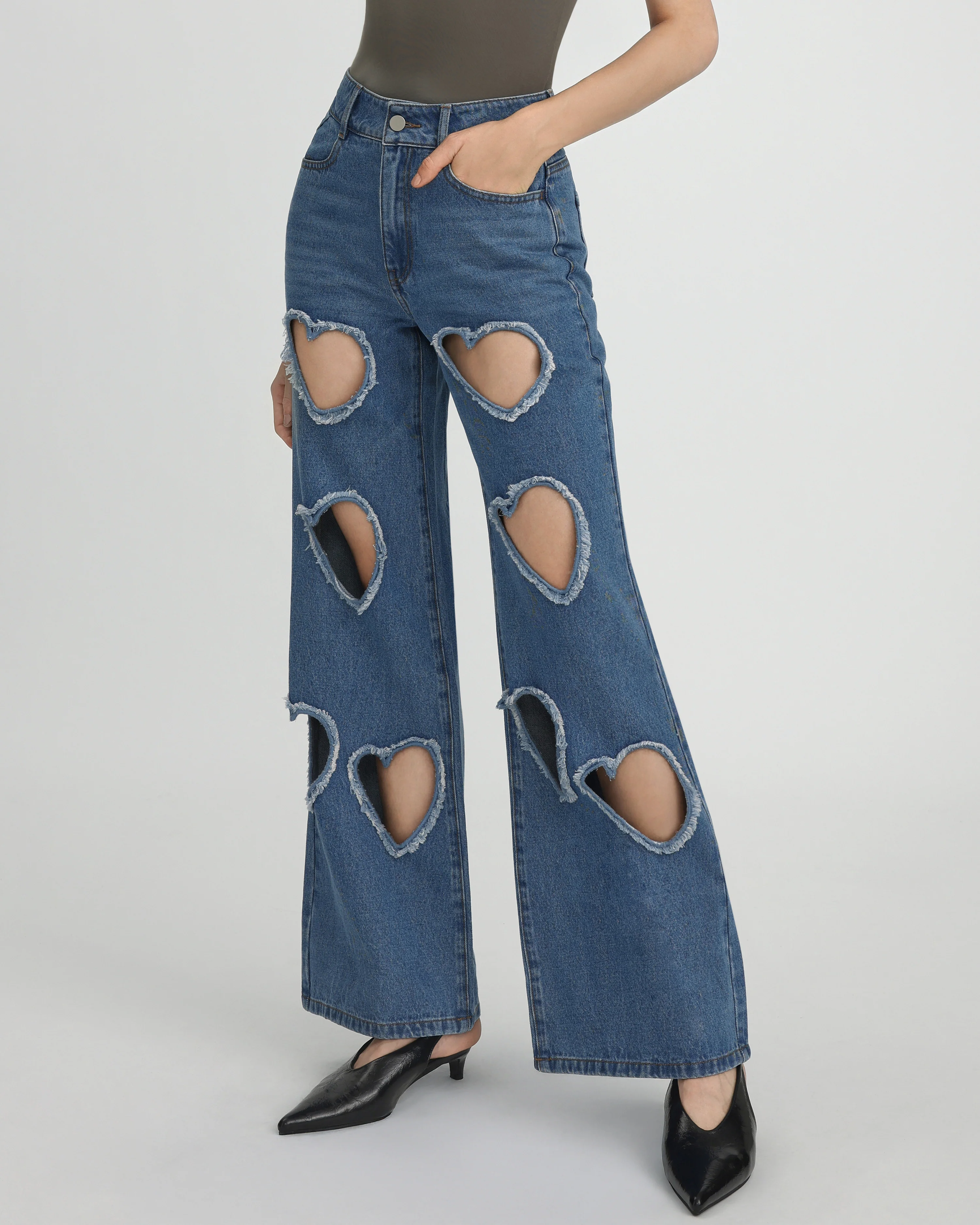 Sophia Embellished Heart Cut-Out Denim Jeans - Medium Blue - Image 3