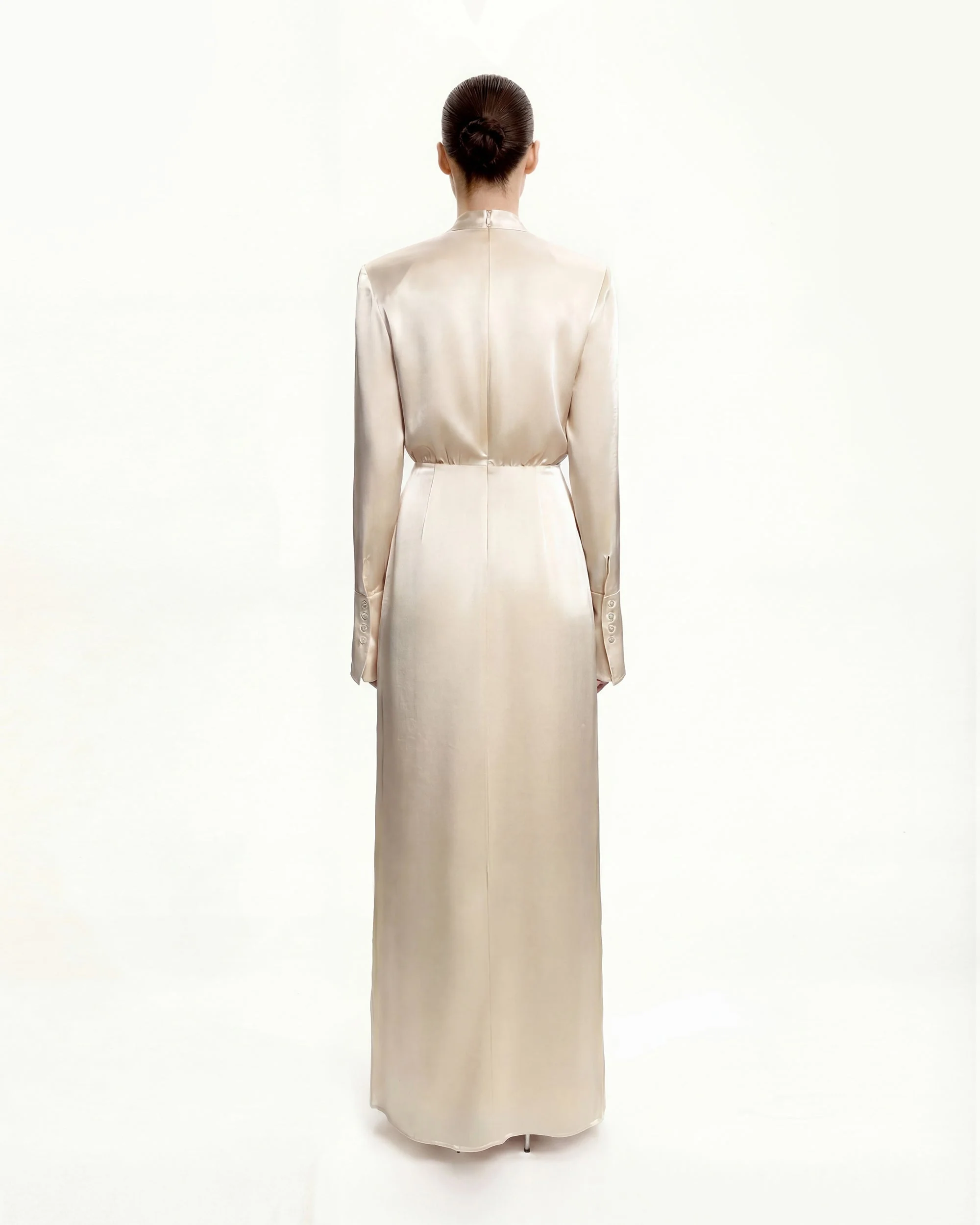 Structured Shoulder Design Satin High-Neck Fitted Maxi Dress - Cream - Image 3