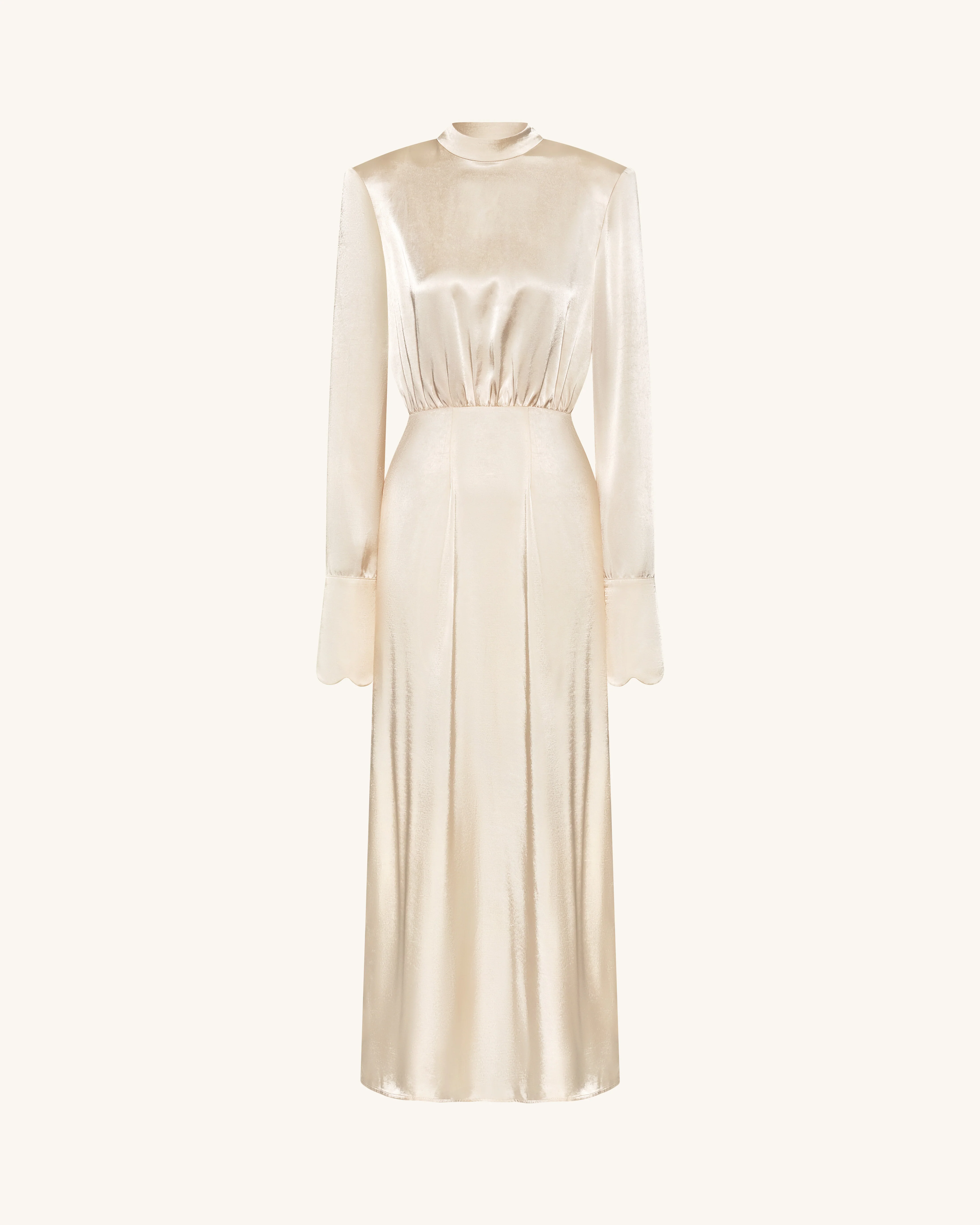 Structured Shoulder Design Satin High-Neck Fitted Maxi Dress - Cream - Image 4